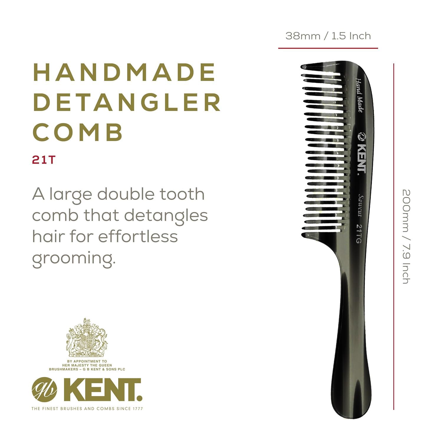 Kent 21T Large Black Graphite Detangling Comb for Curly Wavy Hair, Handmade, Double Wide Tooth - Image 2