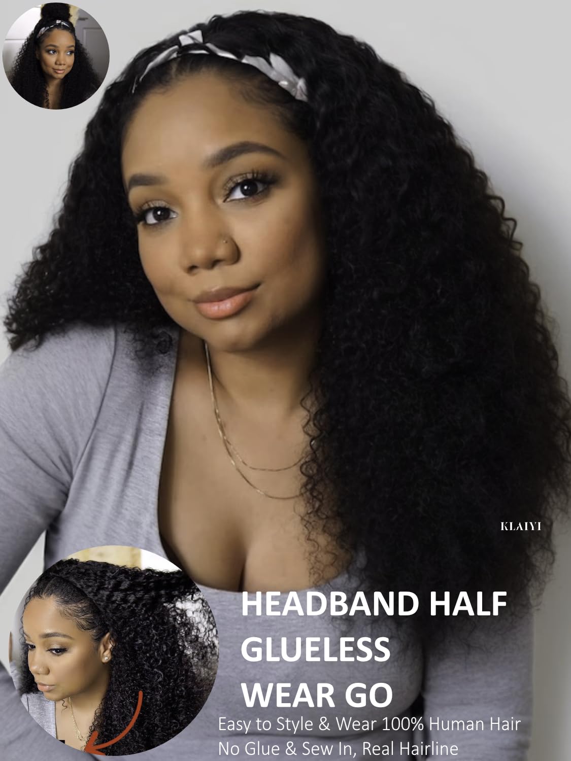 KLAIYI 20-Inch Afro Kinky Curly Human Hair Glueless 3/4 Half Wig - Image 3