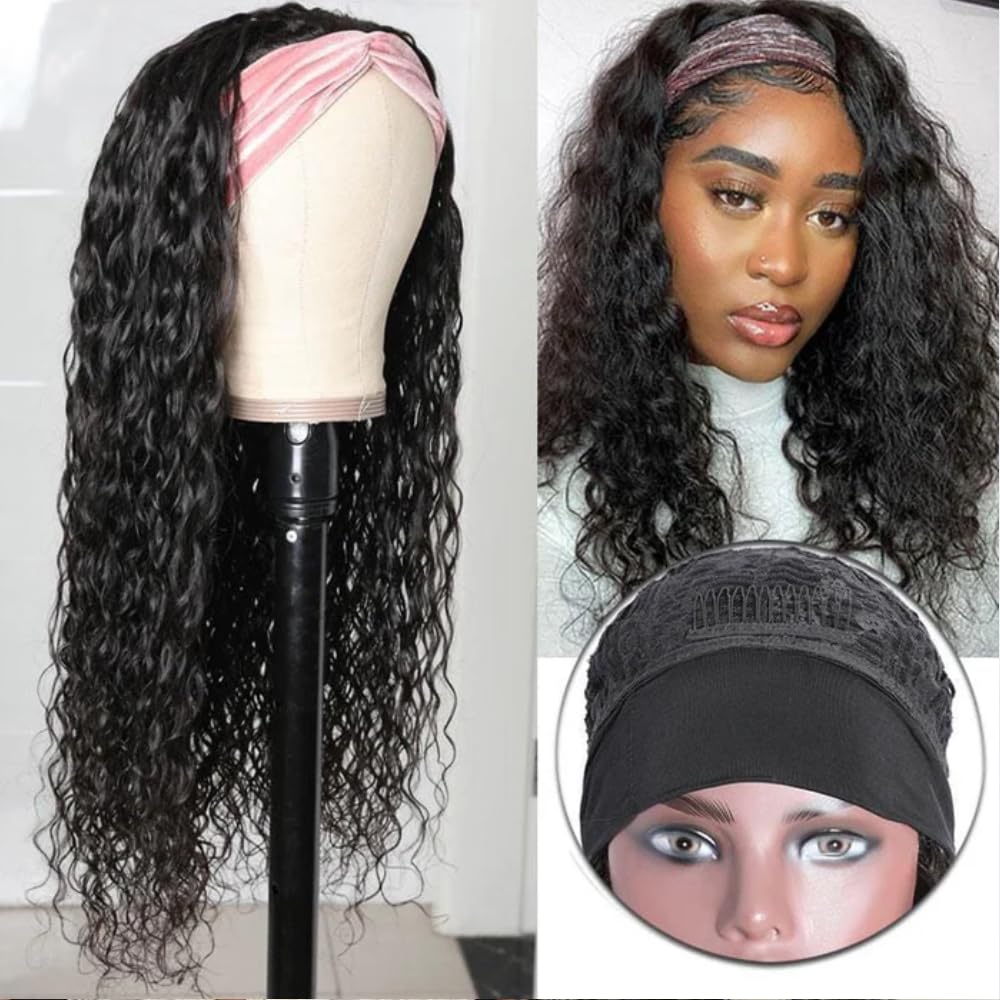 KLAIYI 20-Inch Water Wave Curly Human Hair Headband Wig for Black Women, Beginner Friendly, Medium - Image 2