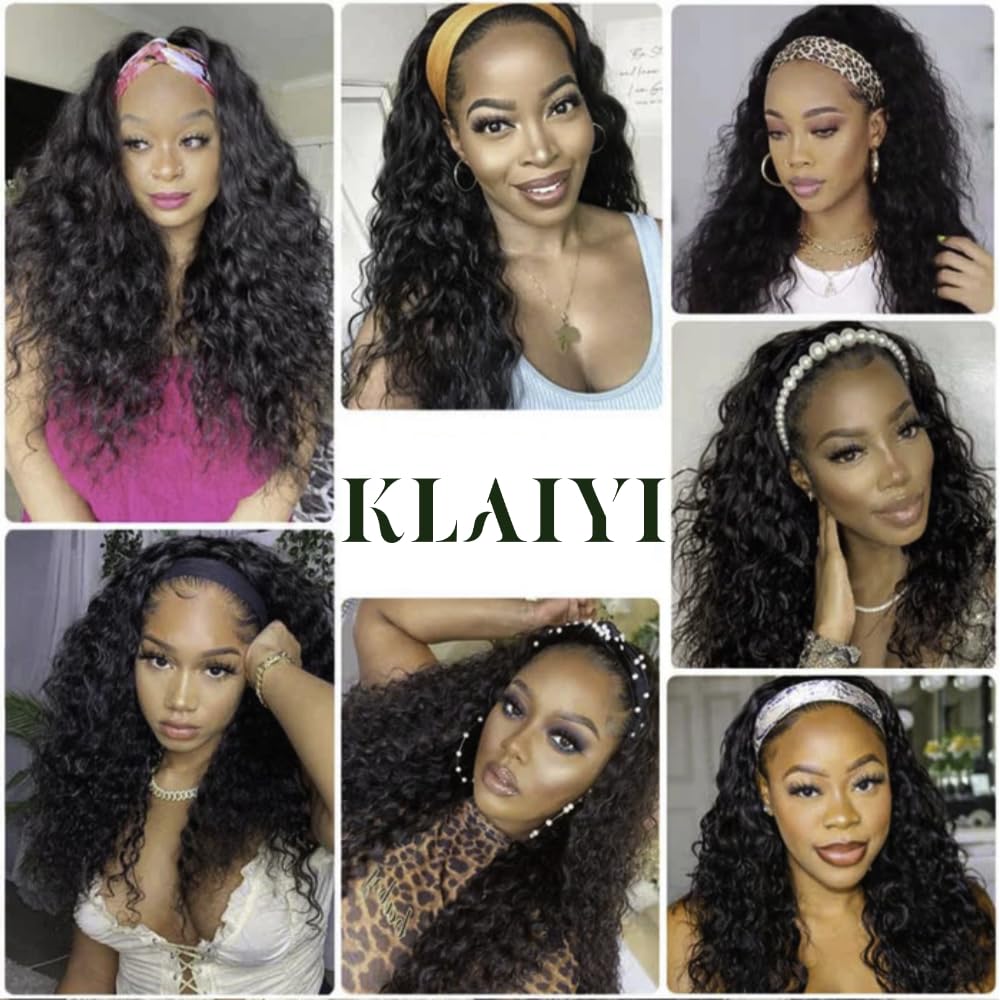 KLAIYI 24-Inch Water Wave Curly Human Hair Headband Wig 180% Density for Black Women - Image 5