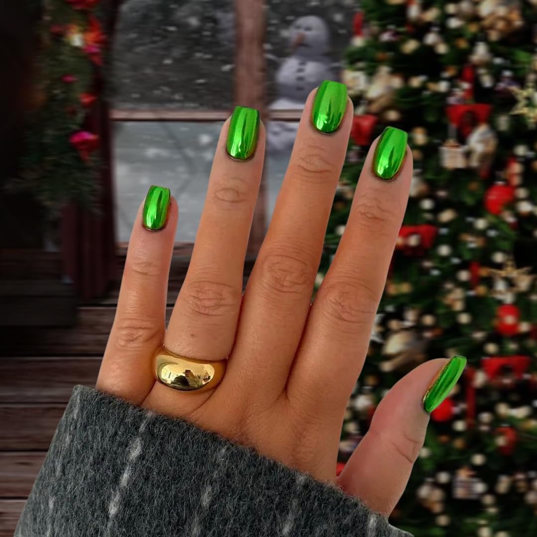 KQueenest 24 Pc Chrome Emerald Green Short Square Press-On Nails - Image 2