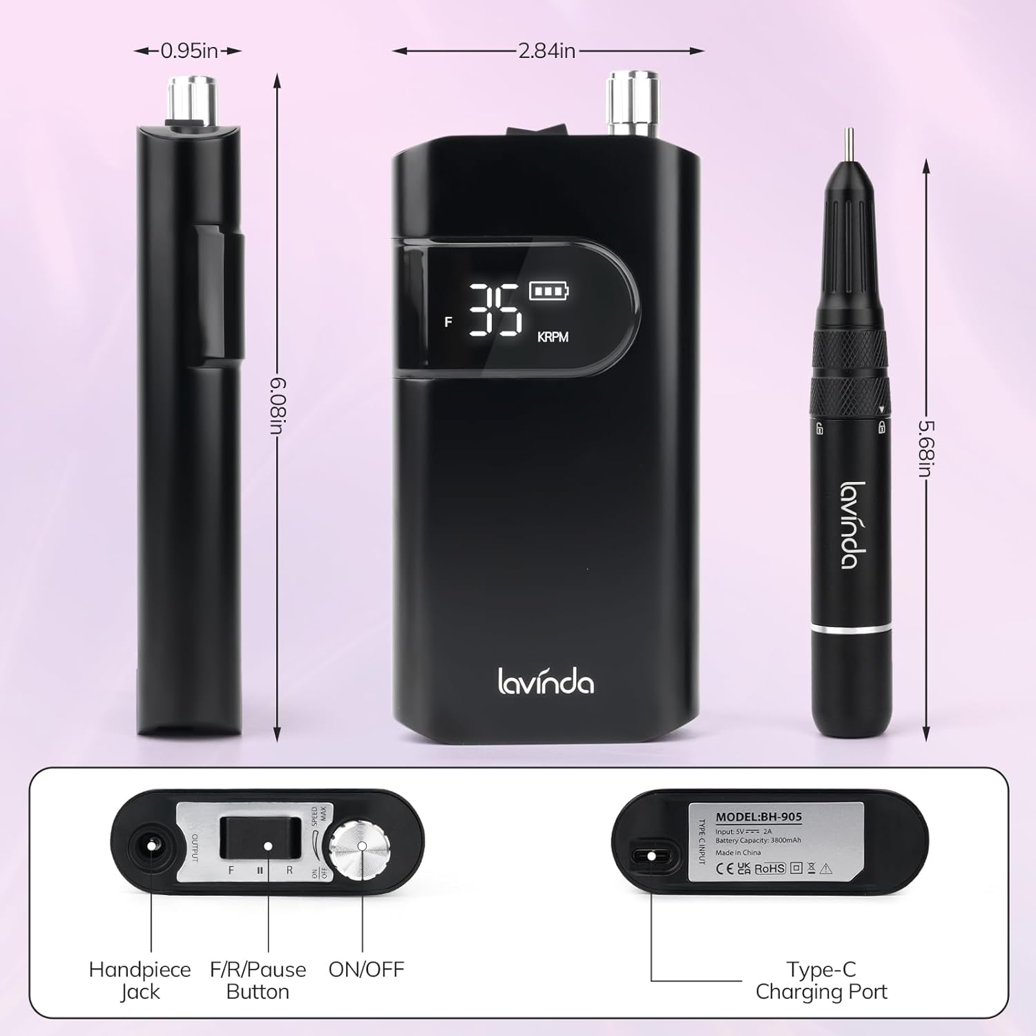 Lavinda 35000RPM Rechargeable Cordless Black Electric Nail Drill Machine for Acrylic Gel Nails - Image 3