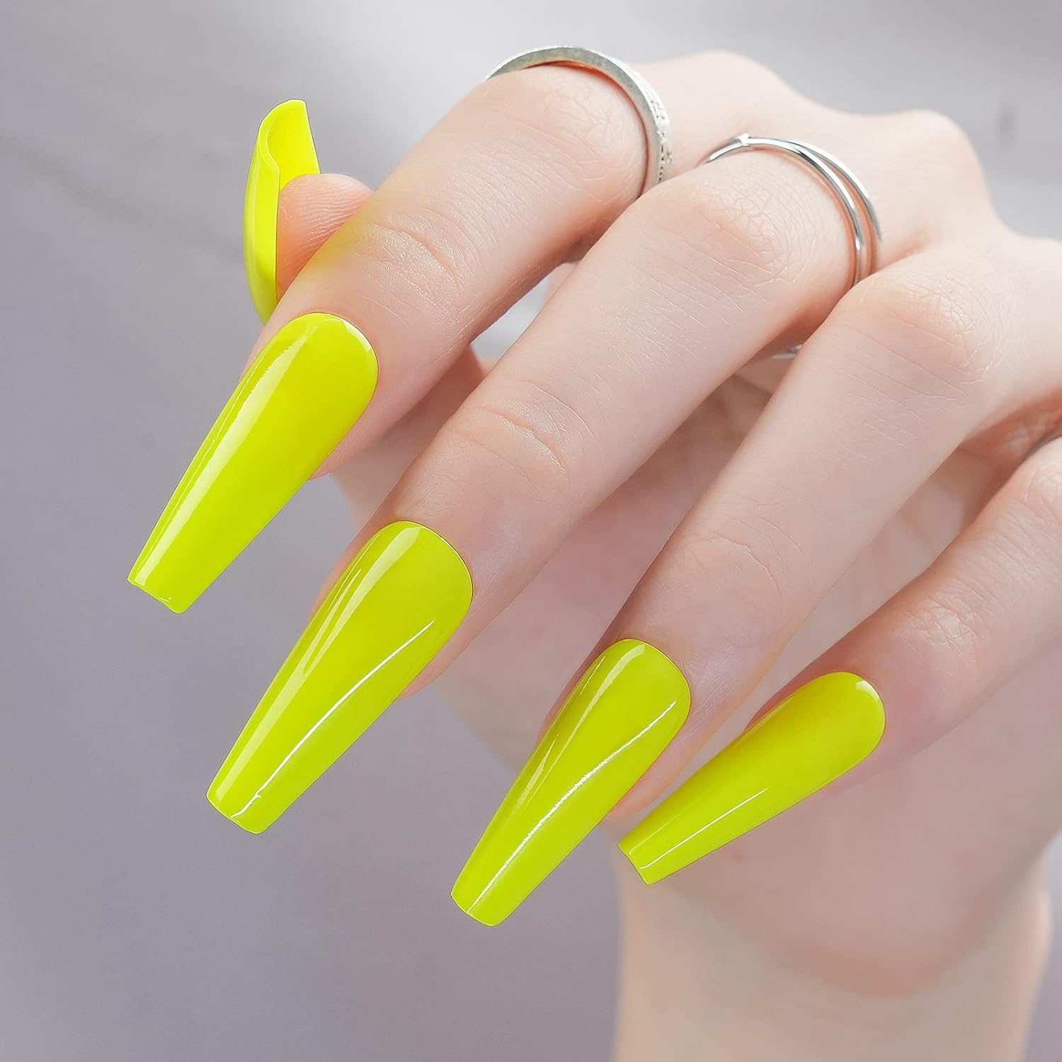 24pcs Long Coffin Press on Nails, Reusable Glossy Acrylic Fluorescent Yellow Nail Tips - Image 8