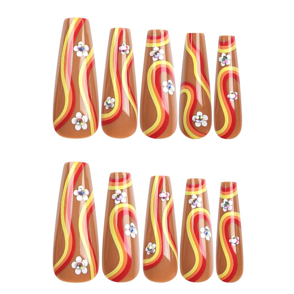 24 Pcs Long Coffin Flower Design Gel Glue Press on Nails for Women and Girls - Image 4