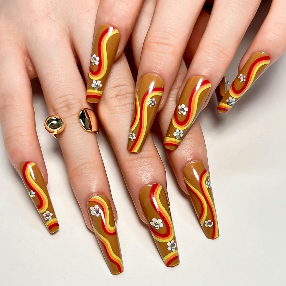 24 Pcs Long Coffin Flower Design Gel Glue Press on Nails for Women and Girls - Image 2