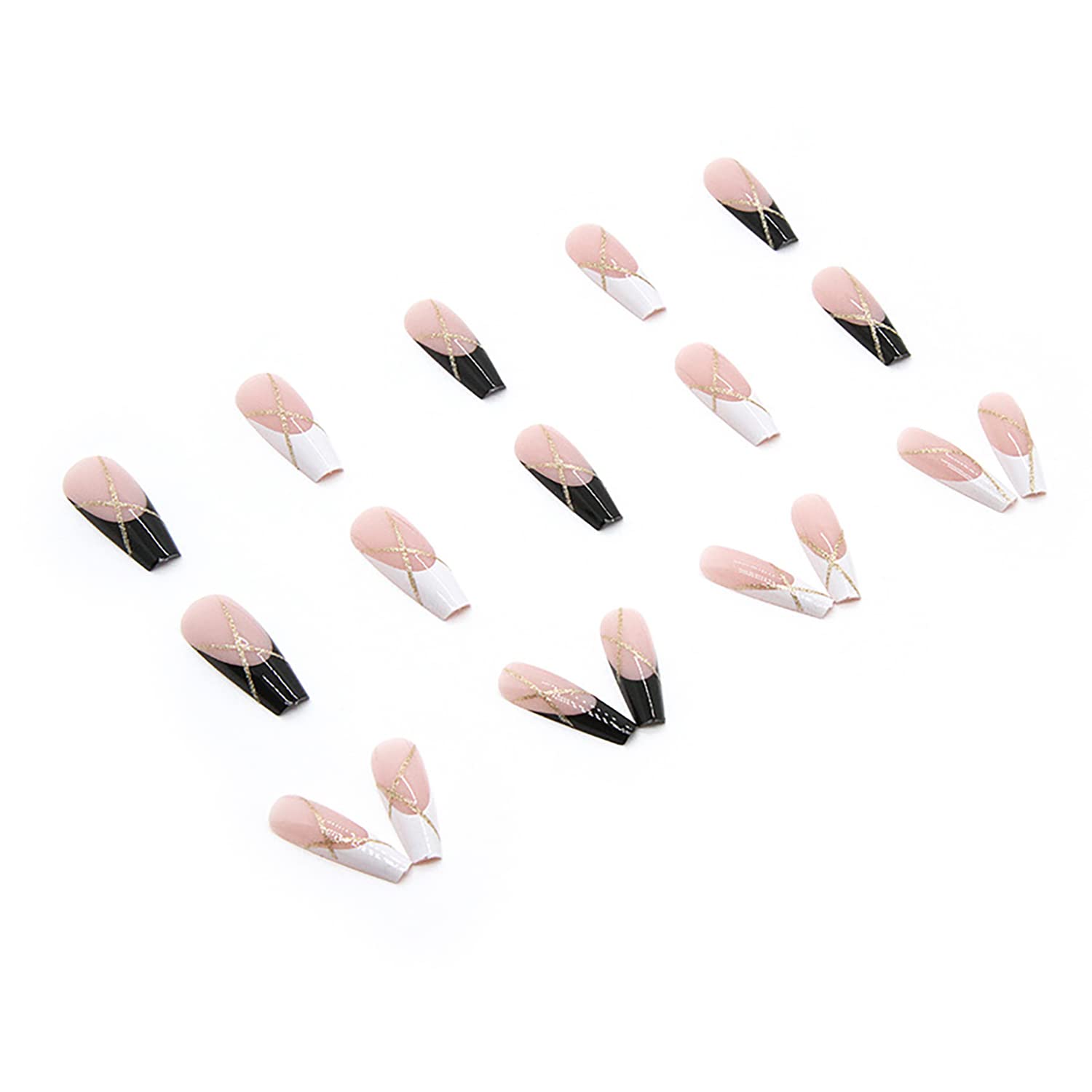 24-Piece Glossy Gold Line French Press On Nails Set Coffin Style Reusable Acrylic - Image 3
