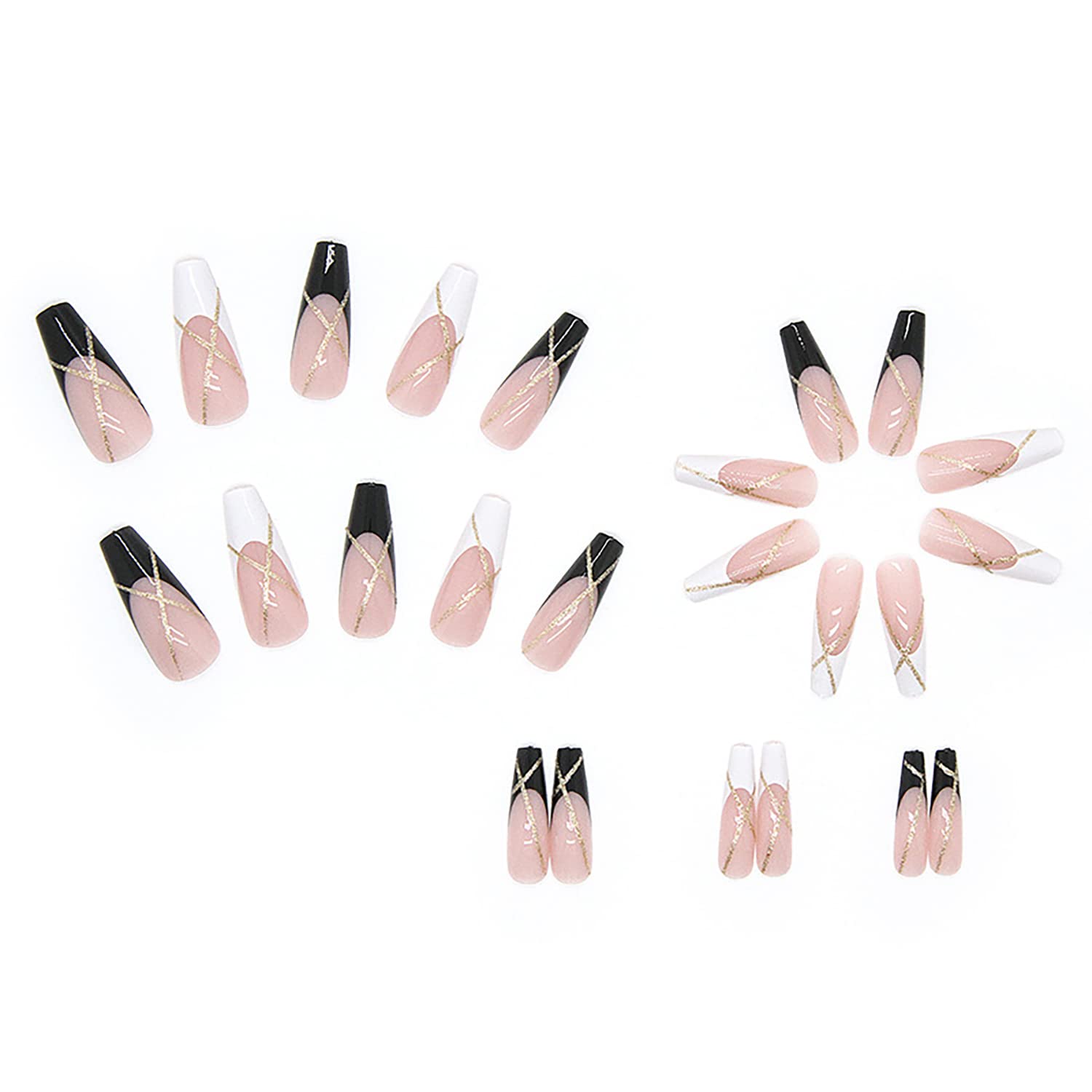 24-Piece Glossy Gold Line French Press On Nails Set Coffin Style Reusable Acrylic - Image 2