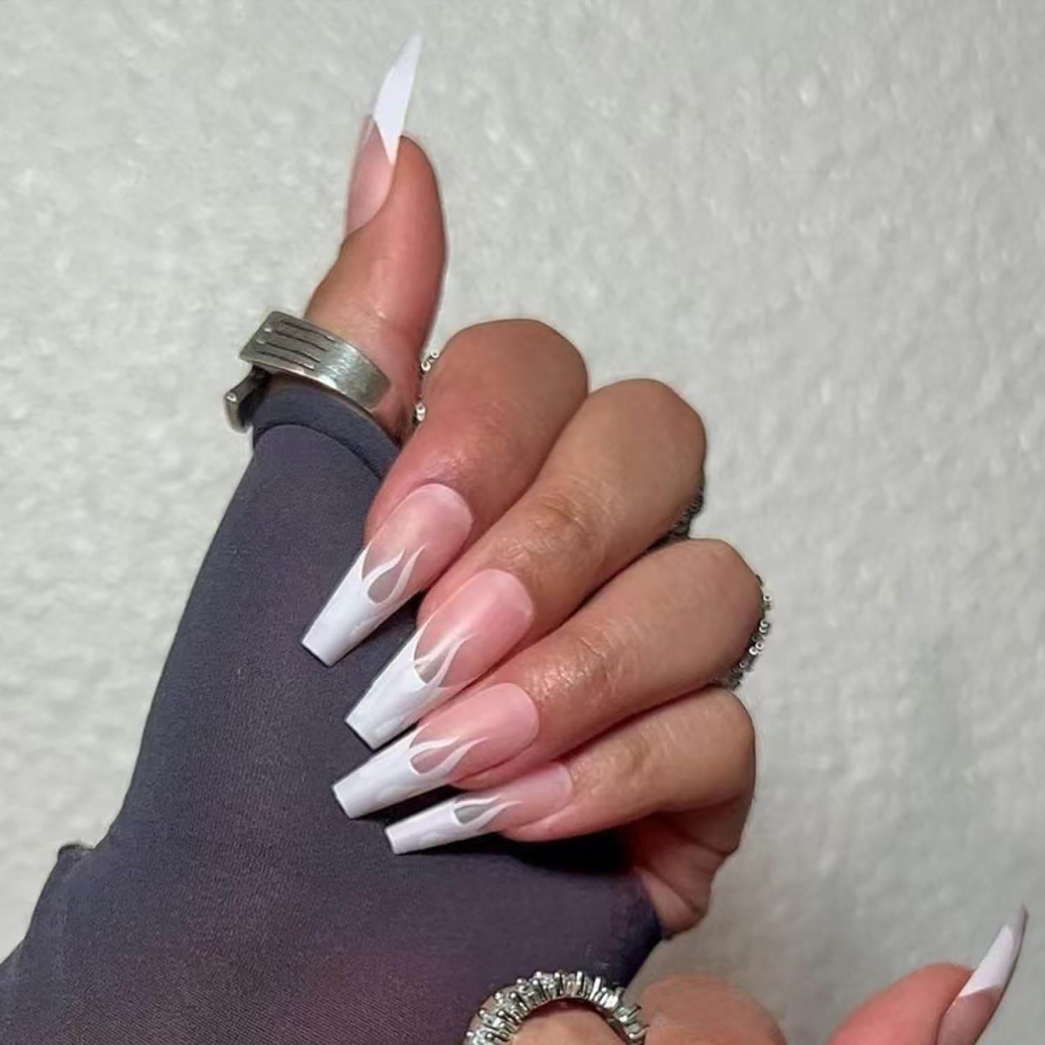 24Pcs Long Grey French Tip Coffin Press on Nails for Women with Glue - Image 4