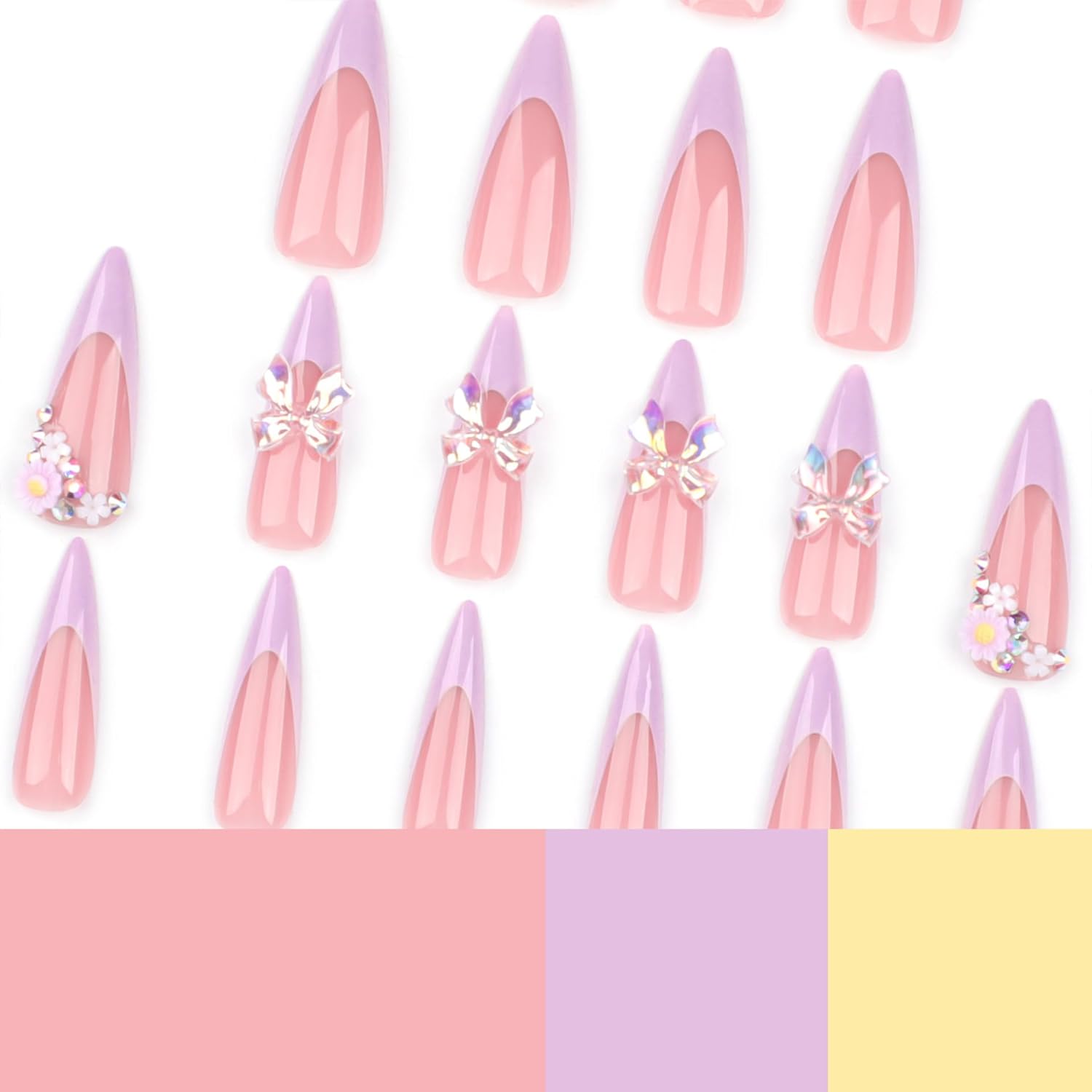 Almond Purple French Tip False Nails 24 Pcs with 3D Flower Bow Design - Image 3