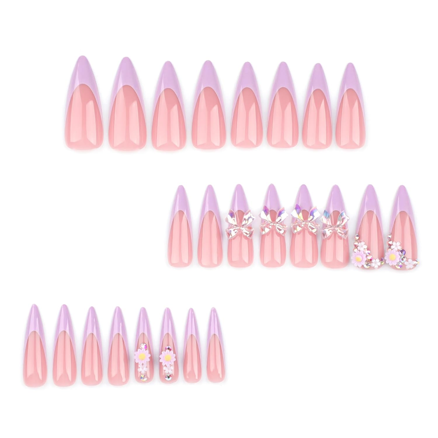 Almond Purple French Tip False Nails 24 Pcs with 3D Flower Bow Design - Image 4