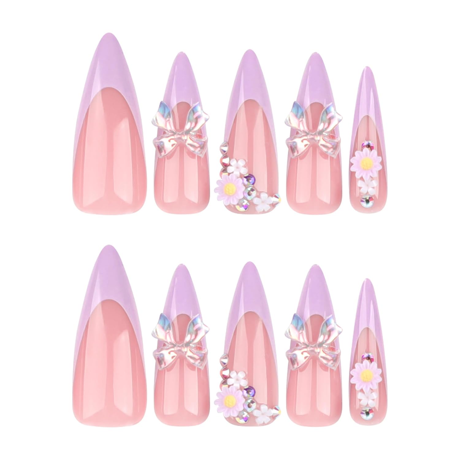 Almond Purple French Tip False Nails 24 Pcs with 3D Flower Bow Design - Image 5