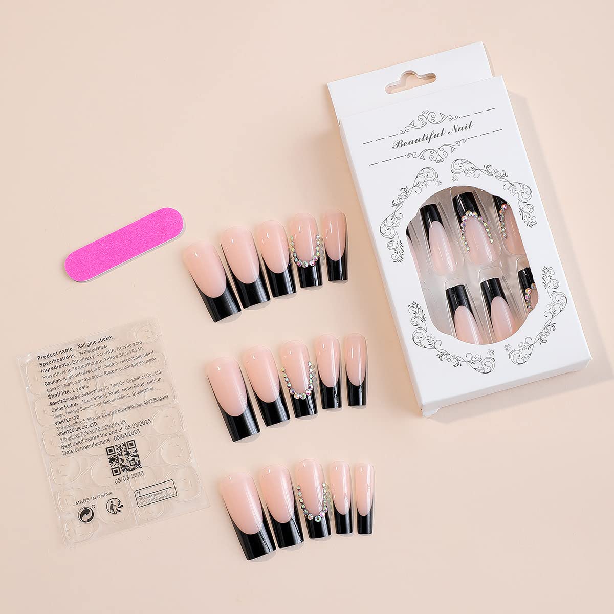 24Pcs Long Press-On French Tip Acrylic Coffin Nails with Rhinestones Black - Image 4