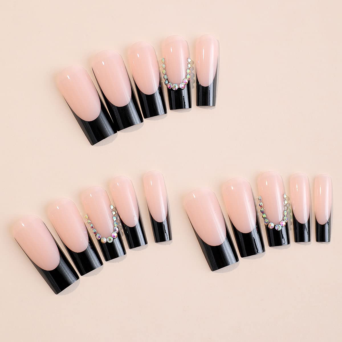 24Pcs Long Press-On French Tip Acrylic Coffin Nails with Rhinestones Black - Image 3