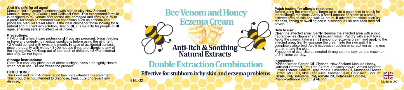 Manuka Honey Bee Venom Eczema Cream Natural Dry Skin Relief Moisturizer 4 oz - Image 9