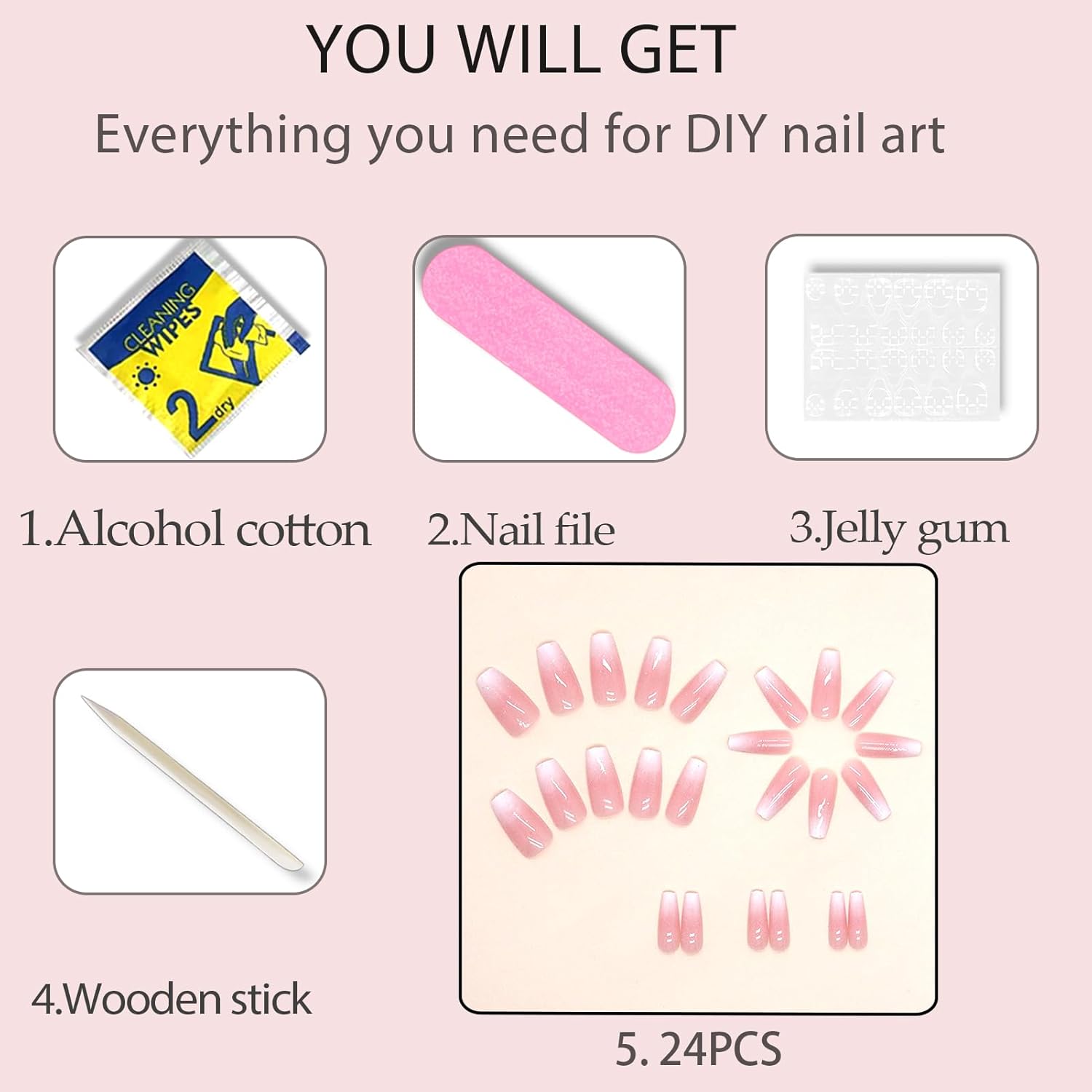 Medium Pink Ombre Coffin Press On Nails, Glitter Accents, 30 Piece Set - Image 5