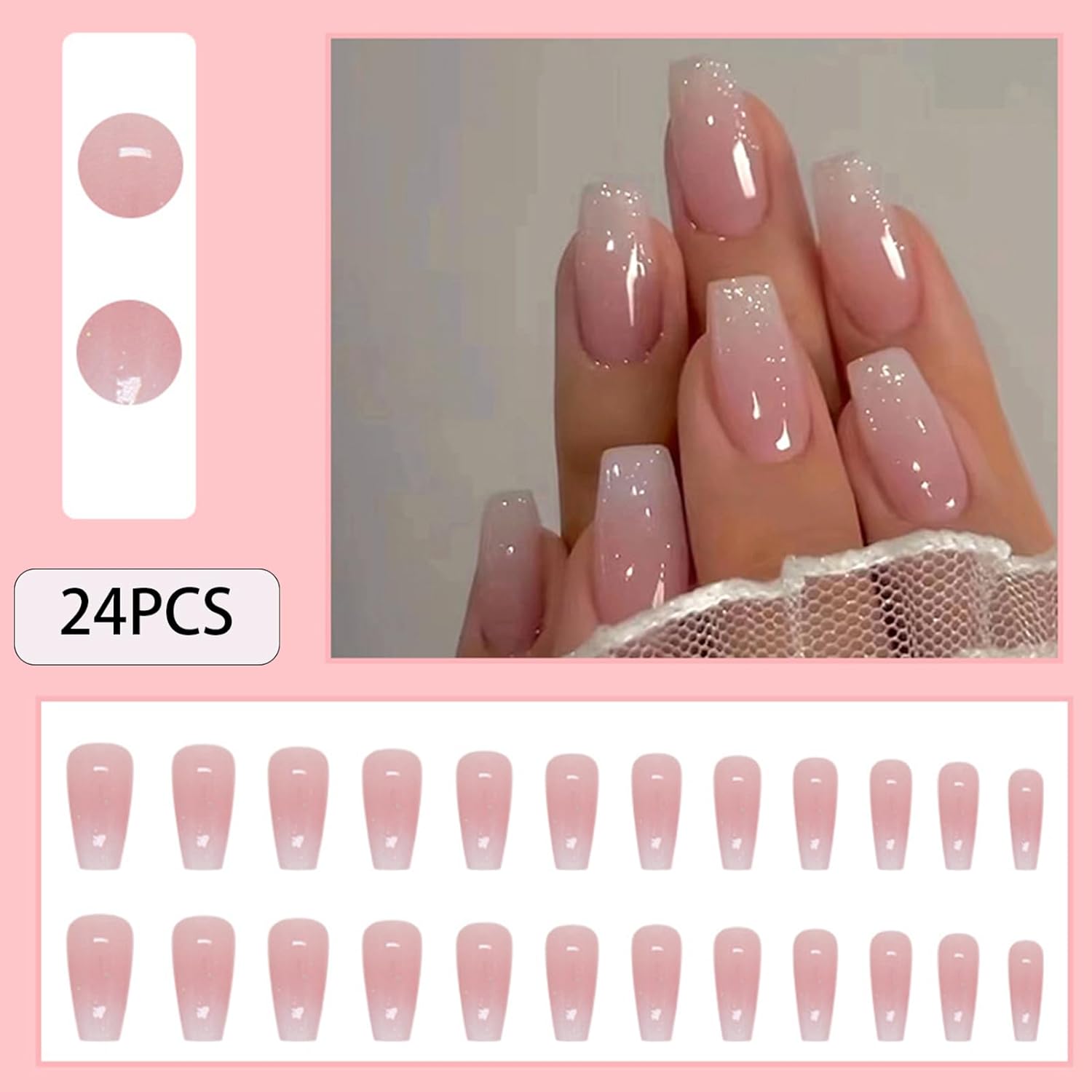 Medium Pink Ombre Coffin Press On Nails, Glitter Accents, 30 Piece Set - Image 2