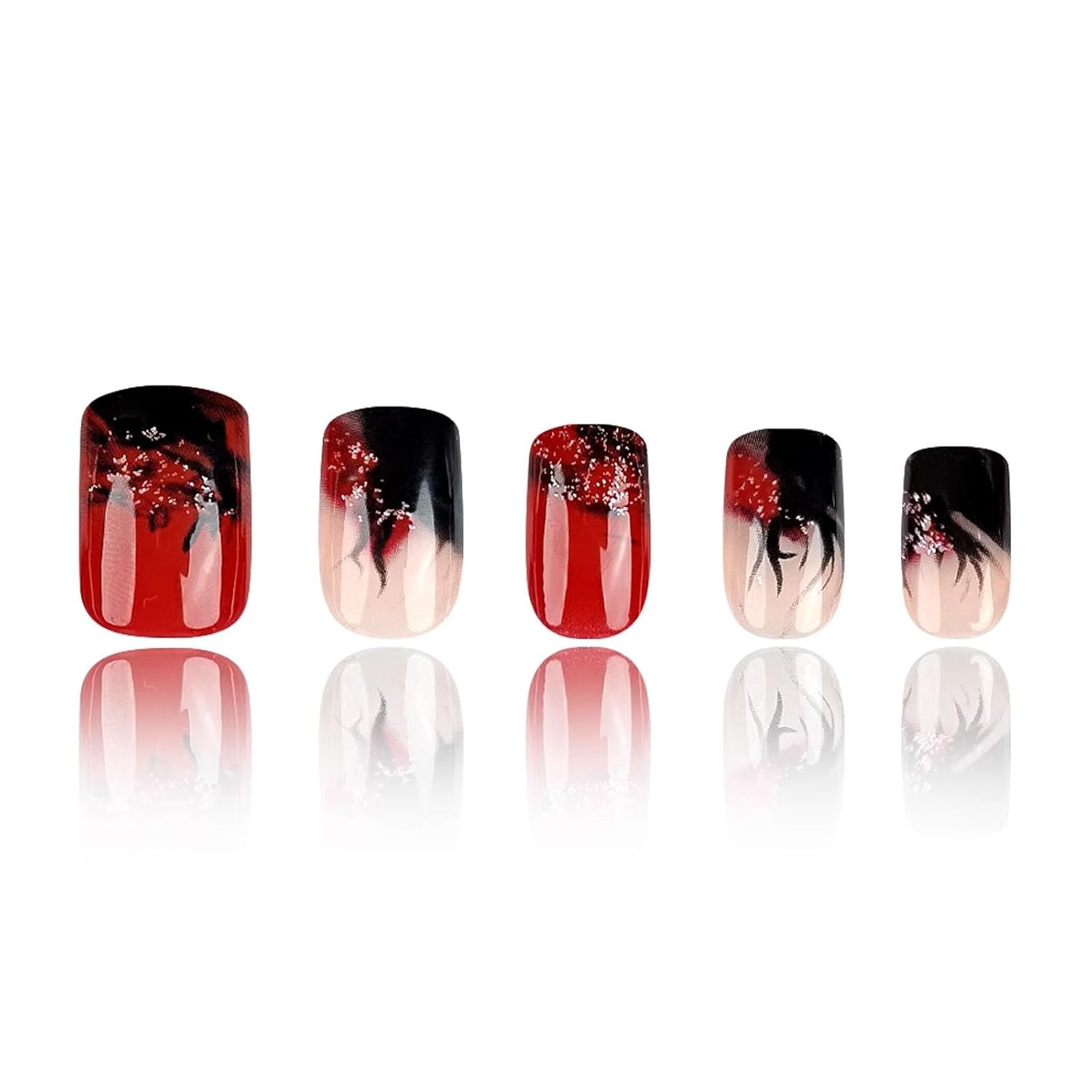 Medium Square Press-on Nails Black Flame Glitter Design 24 Pcs Full Cover Red Acrylic - Image 2