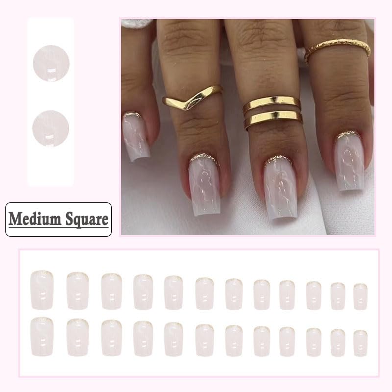 Medium Square Marble Glitter Press On Nails Set 24 Pcs Daily Wear - Image 2