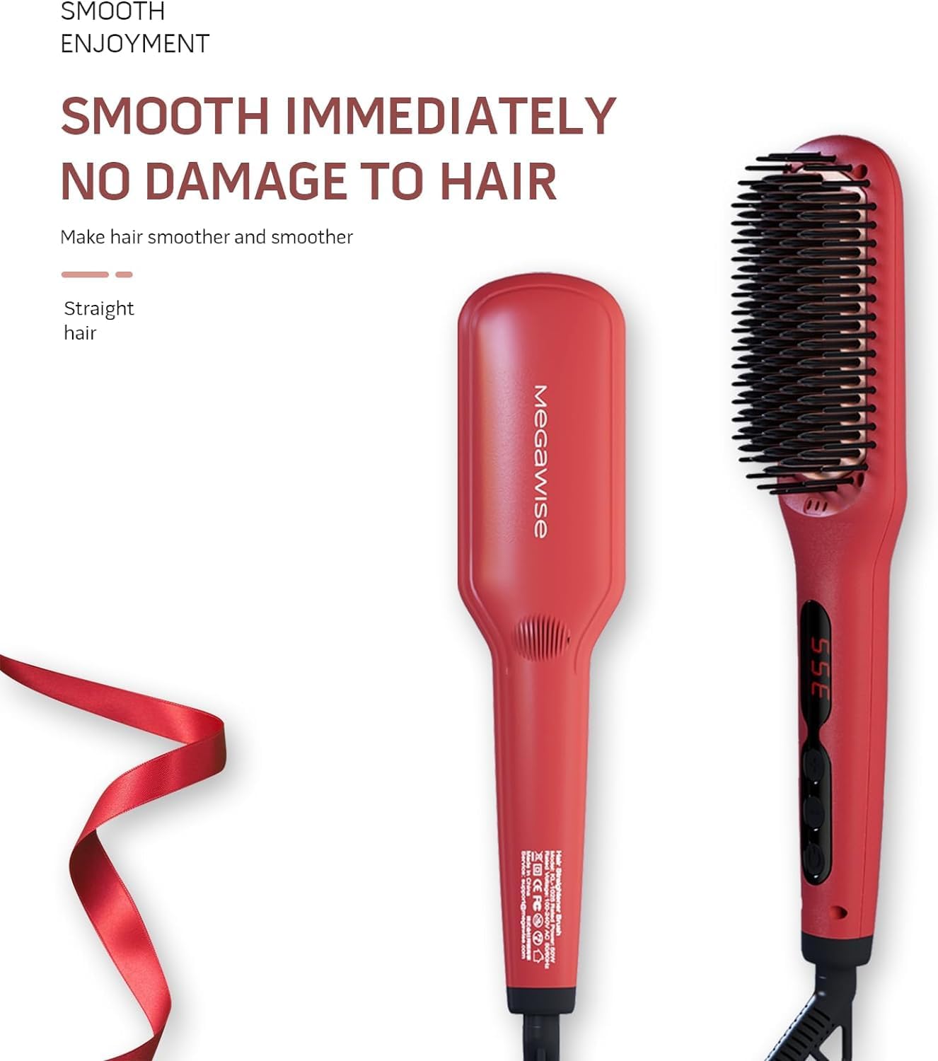 Megawise Pro Ceramic Ionic Hair Straightener Brush, Fast Heating, Auto-Off, Tomato Red - Image 2