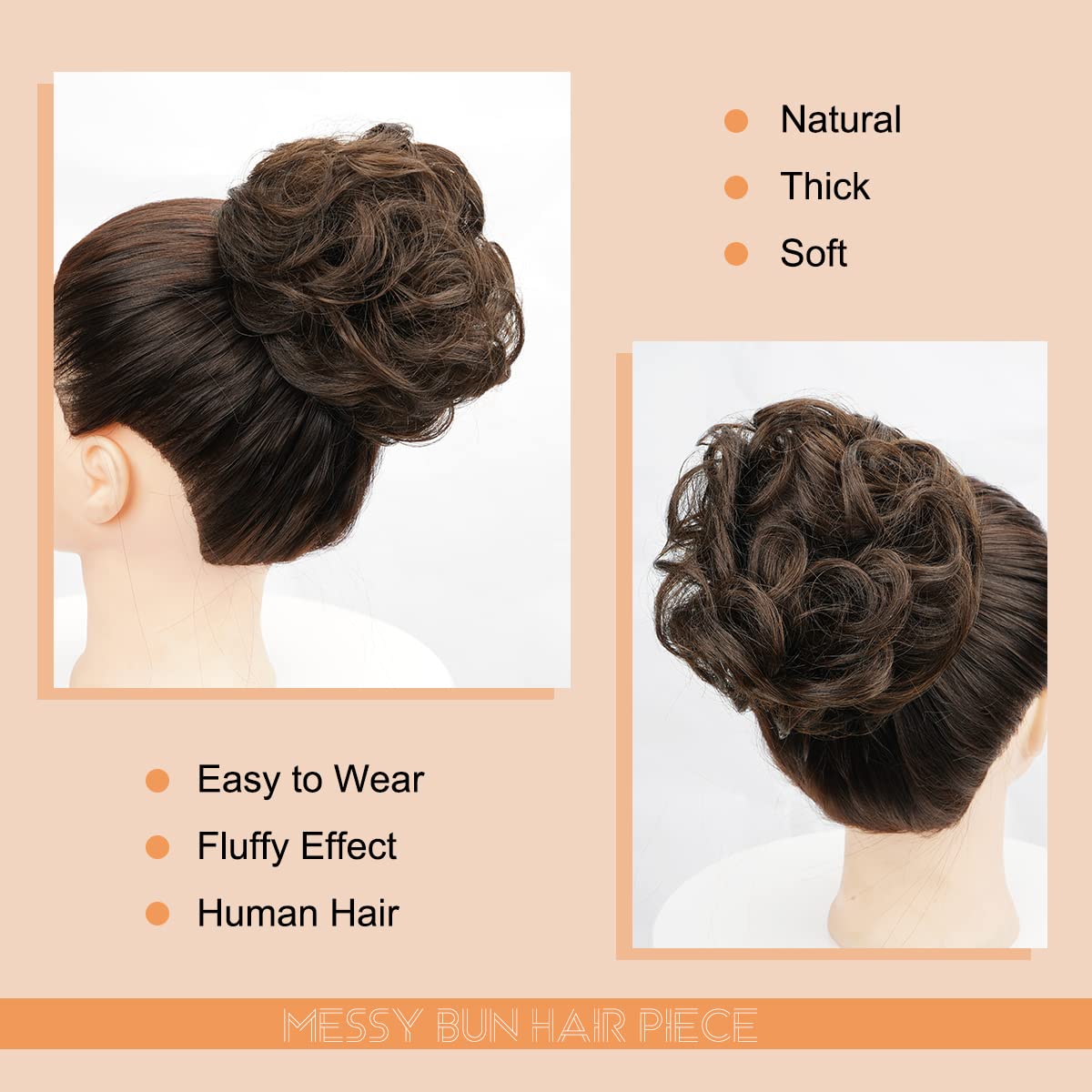 Chic Messy Bun Hair Piece 100% Human Hair Layered Wavy Curly Updo Dark Brown - Image 3