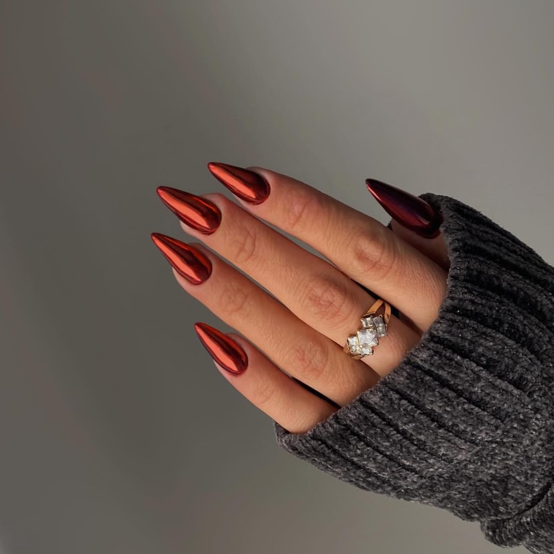 Mirror Red Almond Medium Press On Nails with Chrome Bling - Image 4