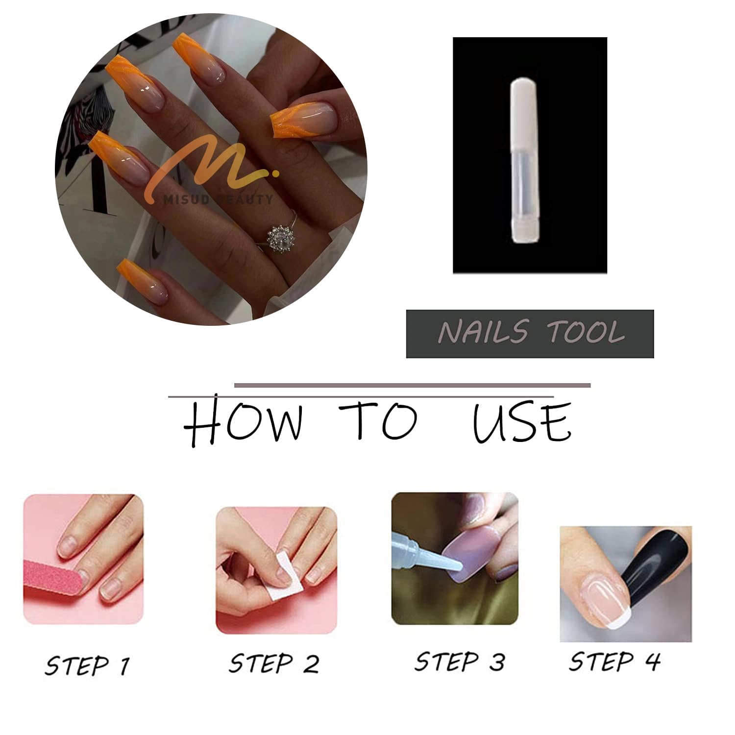 MISUD 24 pcs Long Glossy Orange Ombre Acrylic Coffin Press on Nails Ballerina Design - Image 6