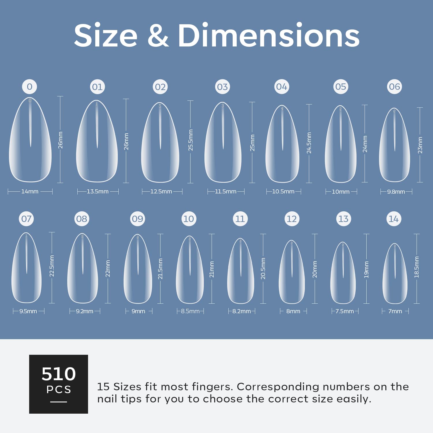 Modelones 510 Piece Clear Medium Almond Full Cover Nail Extension Tips in 15 Sizes - Image 7