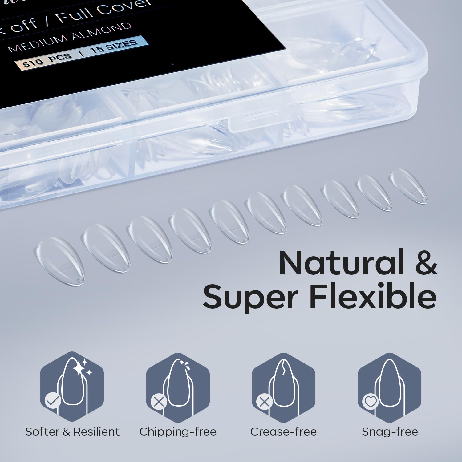 Modelones Medium Soft Gel Clear Almond Fake Nail Tips Kit 510 Pieces 15 Sizes - Image 5