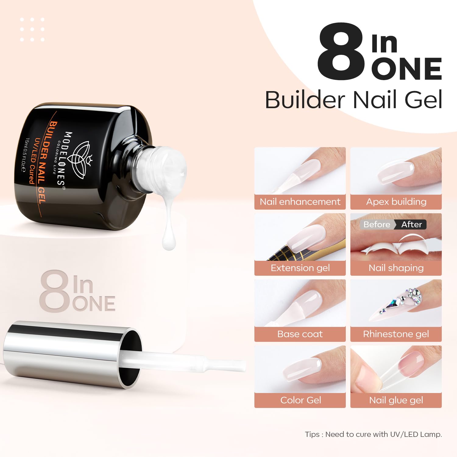 Modelones Milky White Builder Nail Gel 15ml Thickening Strengthener for DIY Nail Extensions - Image 2