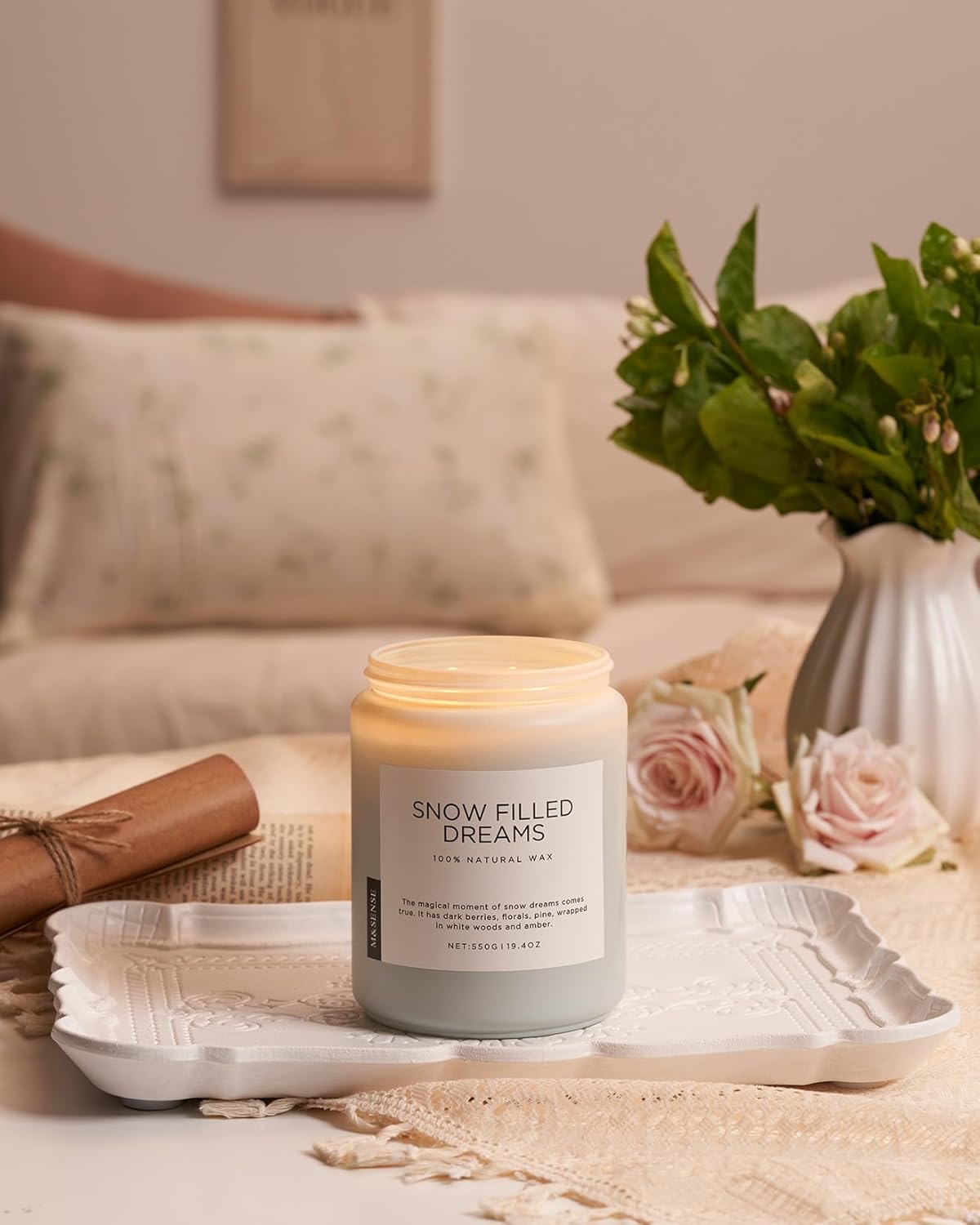 M&SENSE Snow Filled Dreams Jasmine Pine Large 19.4oz Non-Toxic Organic Soy Wax Scented Candle - Image 6