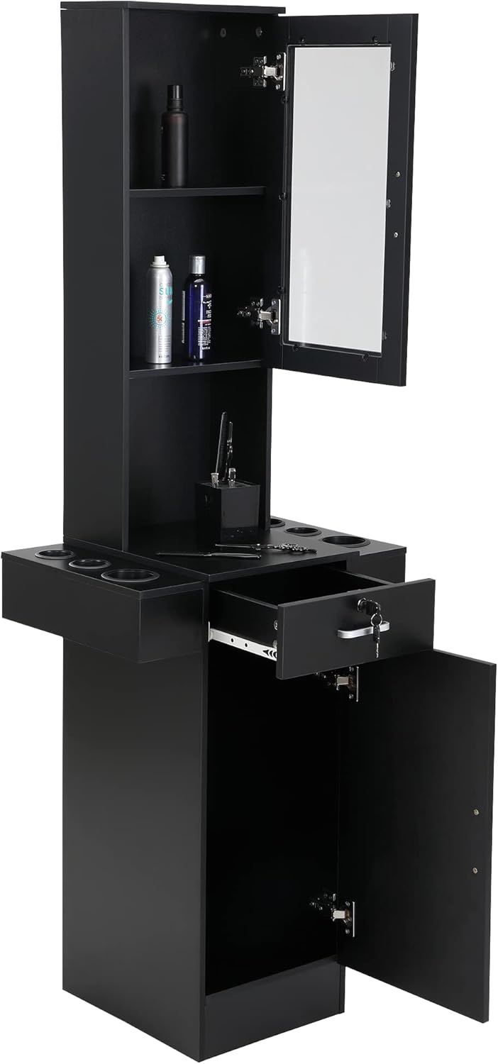 NicBex Black Wall Mount Salon Station with Locking Drawer and Glass Door - Image 7