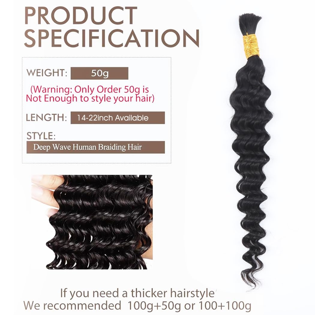 Odir 18 Inch Deep Wave Bulk Human Hair Extensions for Braiding 50g Bundle - Image 5