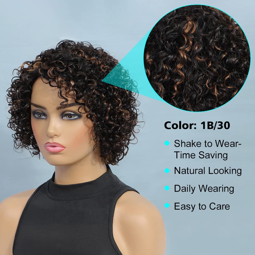 Short Ombre Curly Human Hair Wig for Black Women Side Part Highlighted Piano Color - Image 3