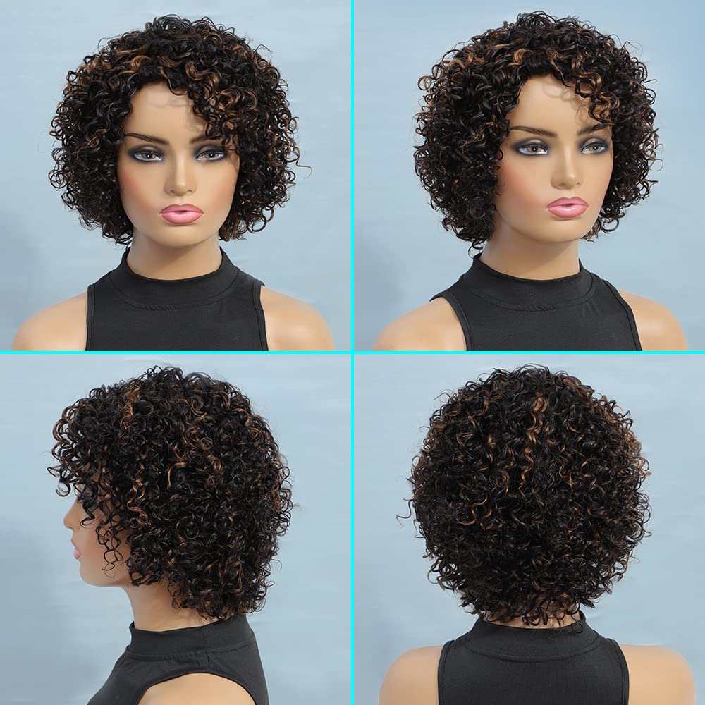 Short Ombre Curly Human Hair Wig for Black Women Side Part Highlighted Piano Color - Image 2