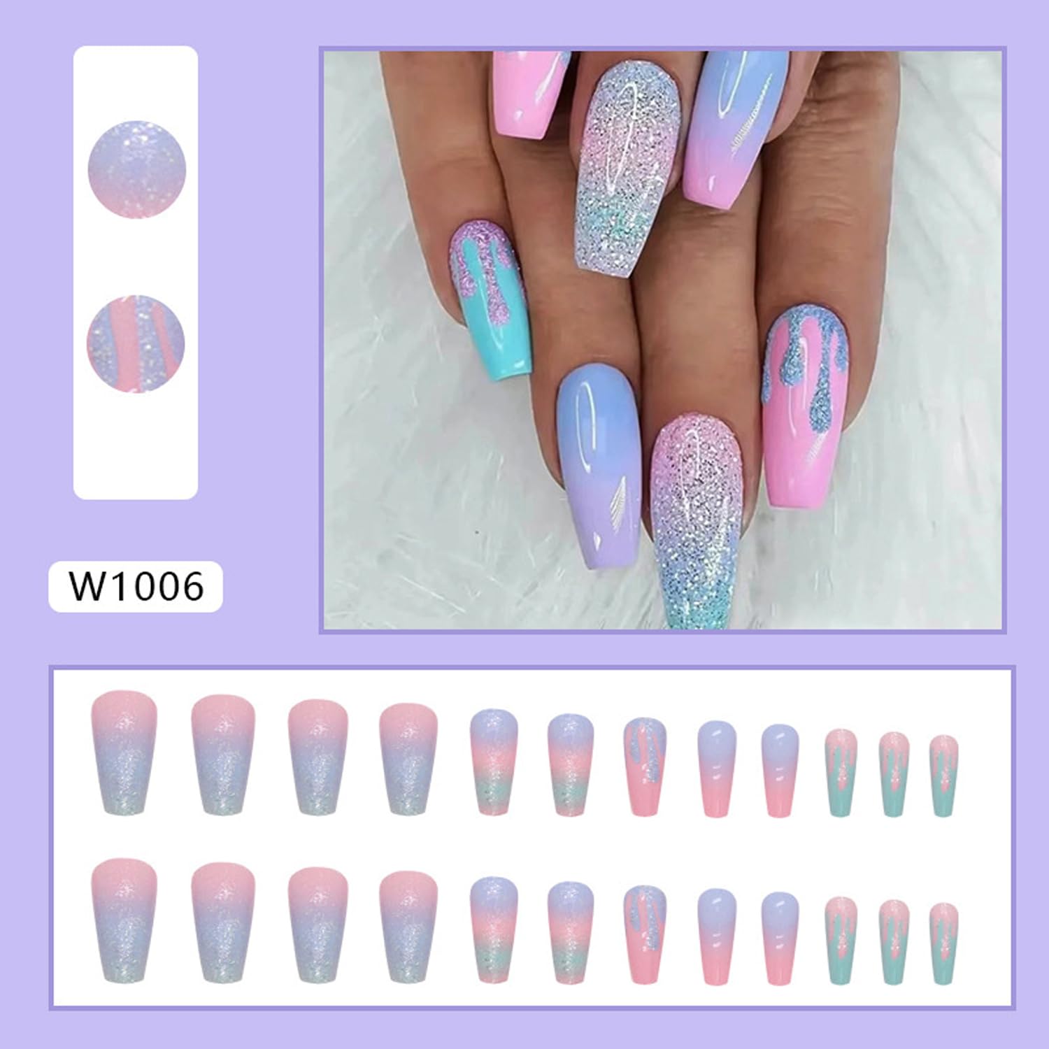 Ombre Medium Coffin Press on Nails 24 Piece Reusable Glitter Macaron Gradient Set - Image 2