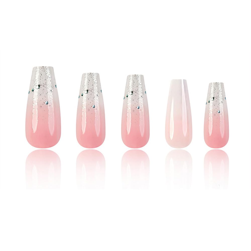 Ombre White Medium Coffin Press-On Nails with Glue, Glitter Designs, Set of 24 - Image 3