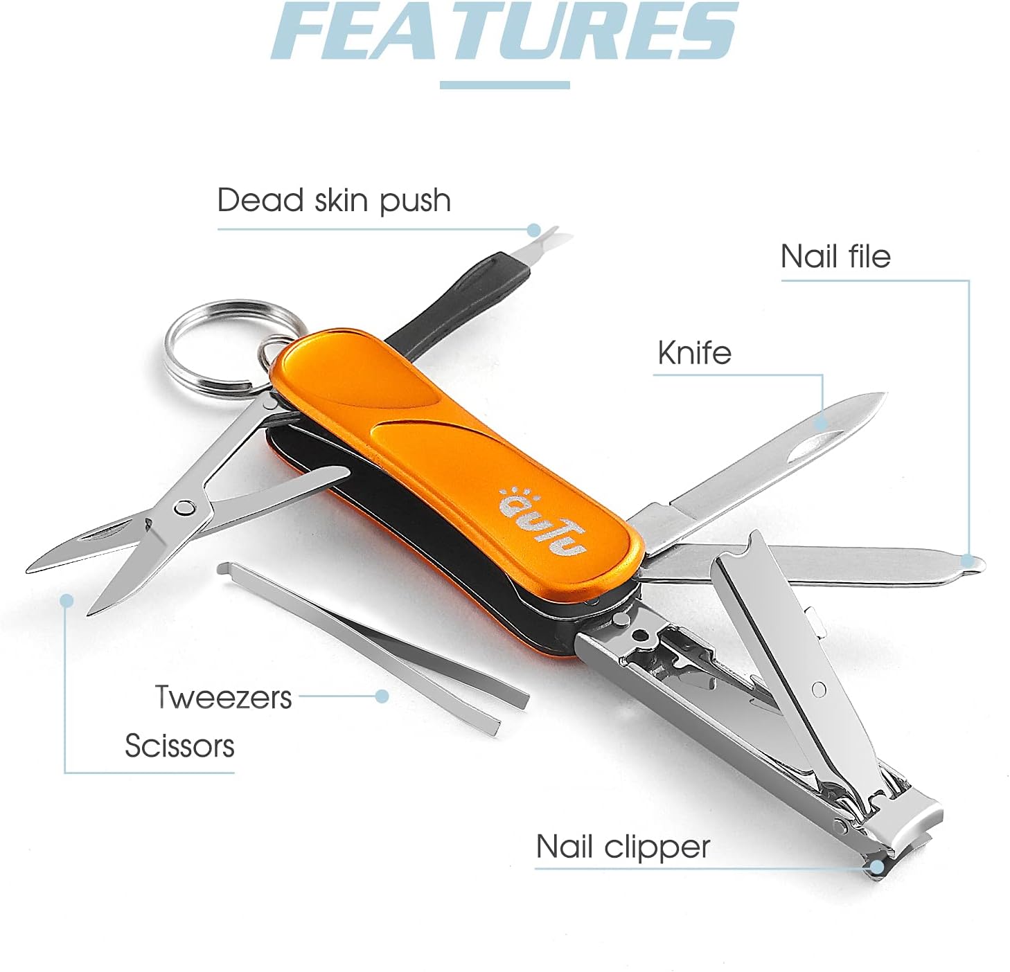 OUTU Orange 7-in-1 EDC Utility Tool Keychain with Nail Clipper and Scissors for Men - Image 4