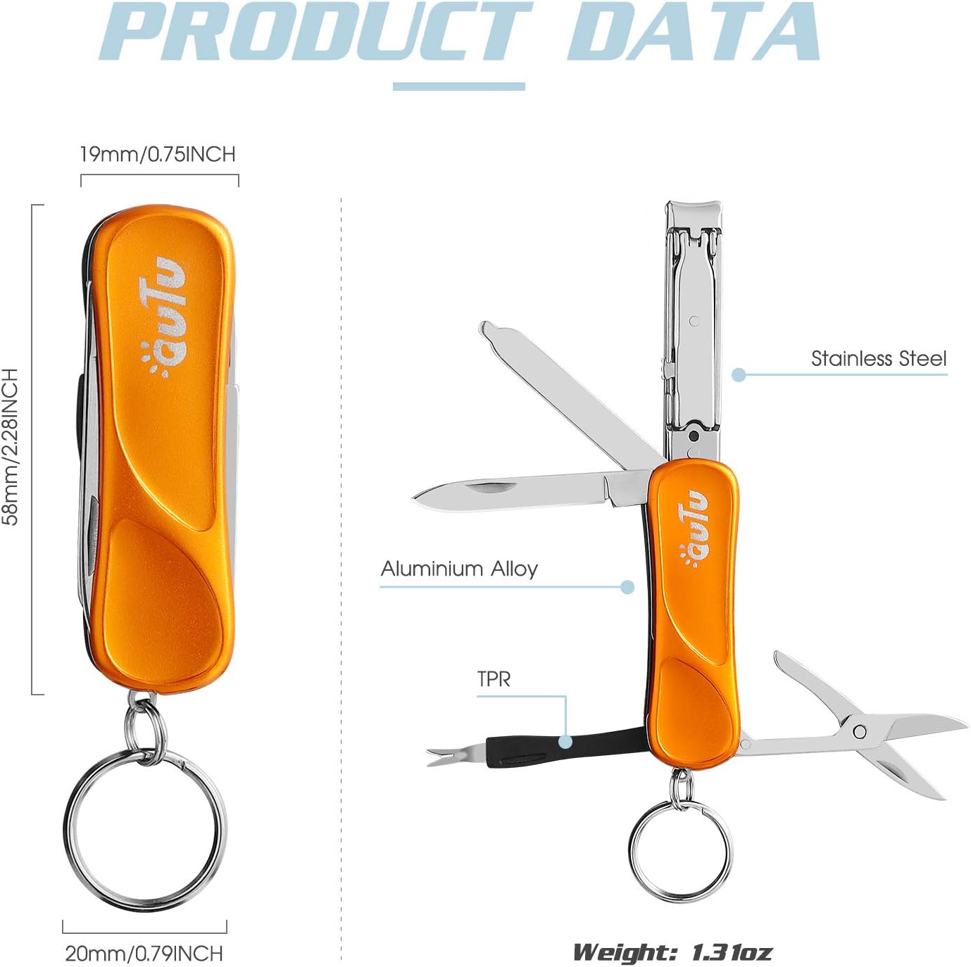 OUTU Orange 7-in-1 EDC Utility Tool Keychain with Nail Clipper and Scissors for Men - Image 5