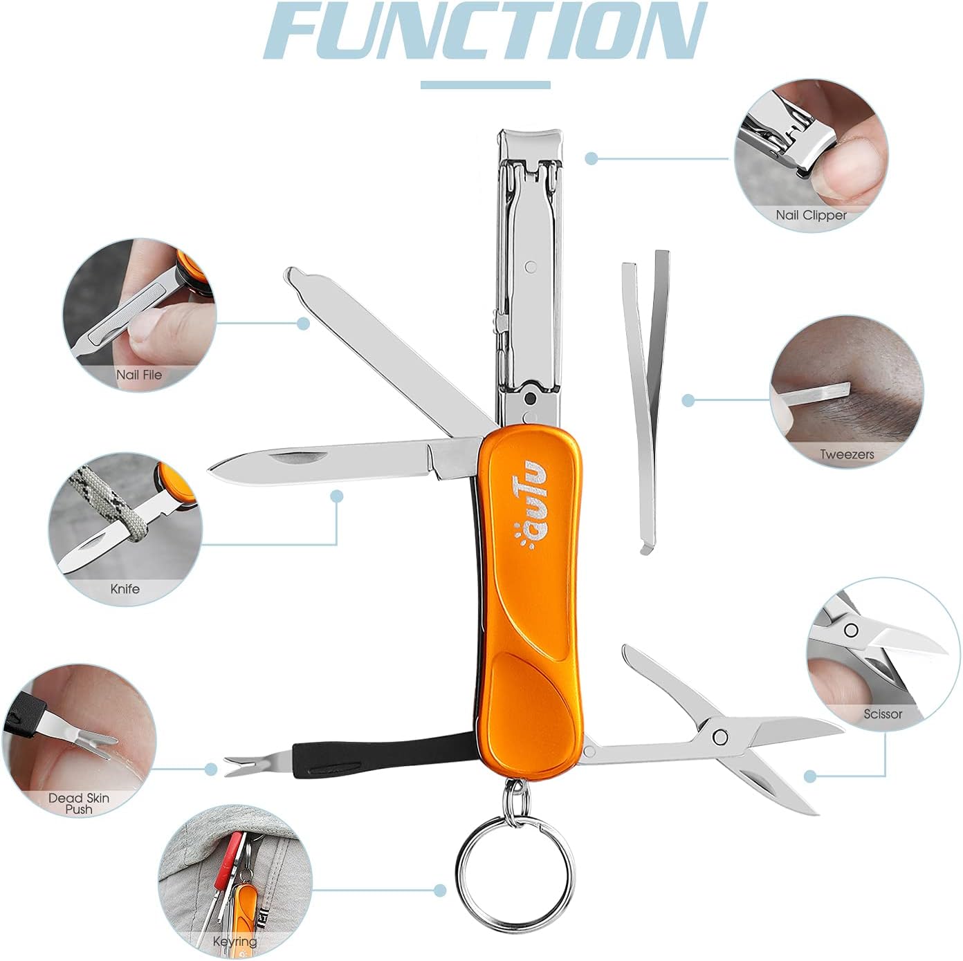 OUTU Orange 7-in-1 EDC Utility Tool Keychain with Nail Clipper and Scissors for Men - Image 2