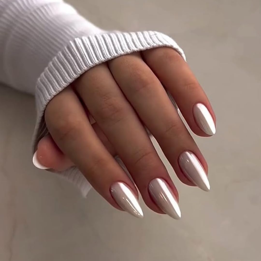 Pearl White Chrome Medium Long Almond Stiletto Press-On Nails 24pc Set - Image 3