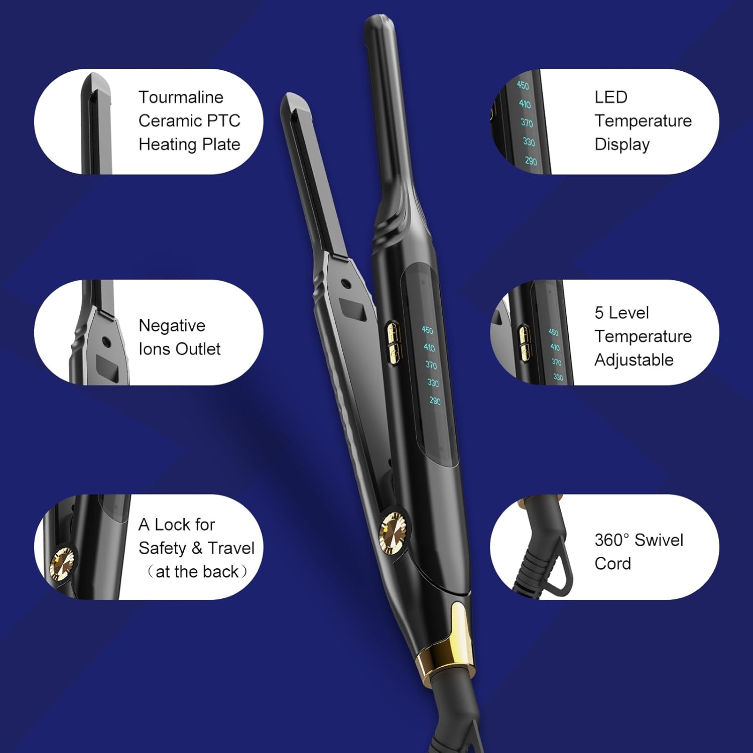 3/10 Inch Mini Pencil Flat Iron for Short Hair, Black, LED Display - Image 2