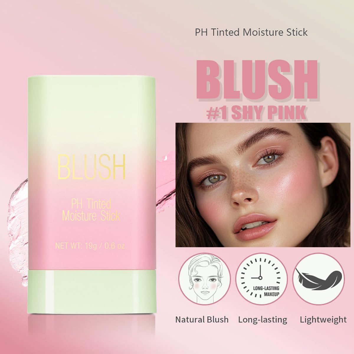 PH Tinted Moisture Stick Shy Pink 3-in-1 Color Changing Blush for Cheeks Eyes Lips 0.35 oz - Image 2