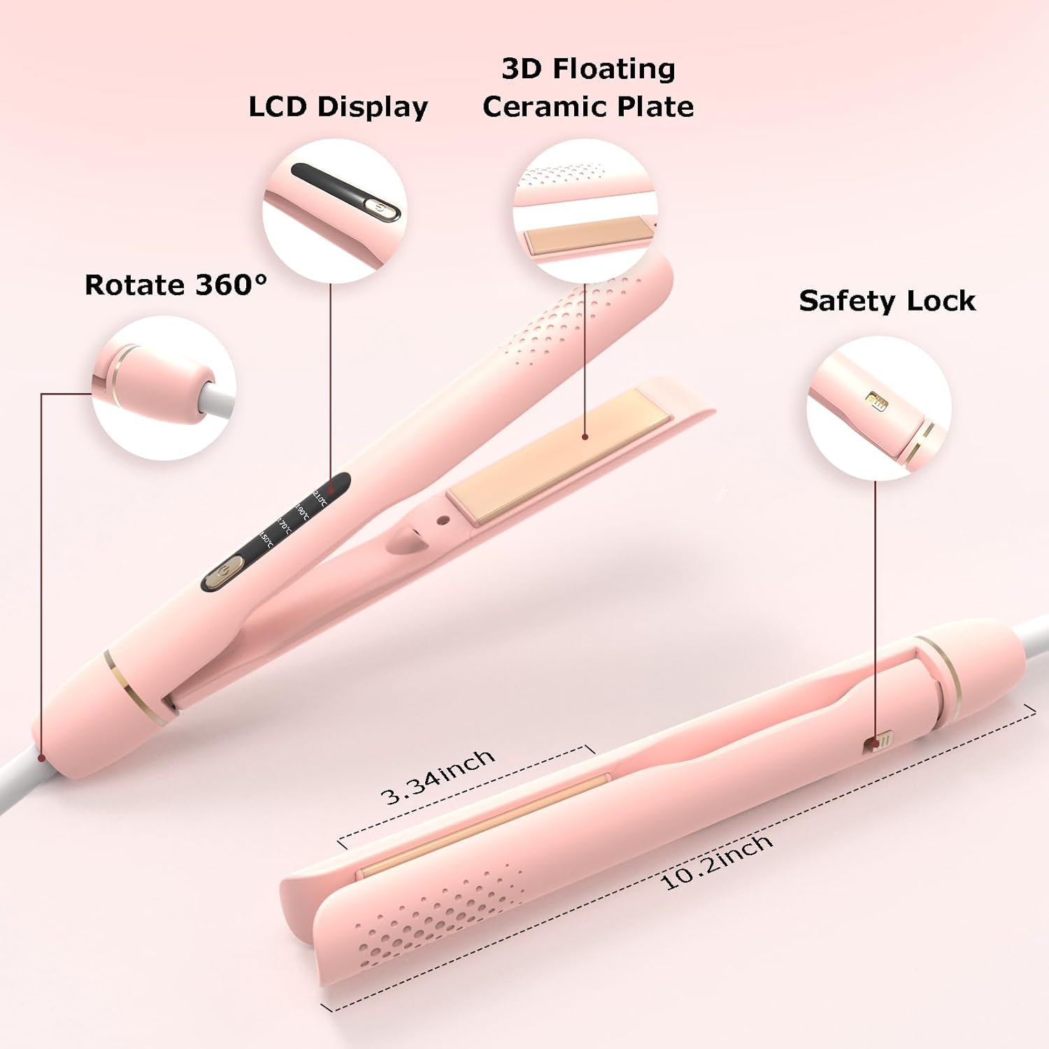 Pink 2-in-1 Hair Straightener and Curler with Fast Heating Tourmaline Ceramic, 60-Minute Auto Shutoff - Image 4