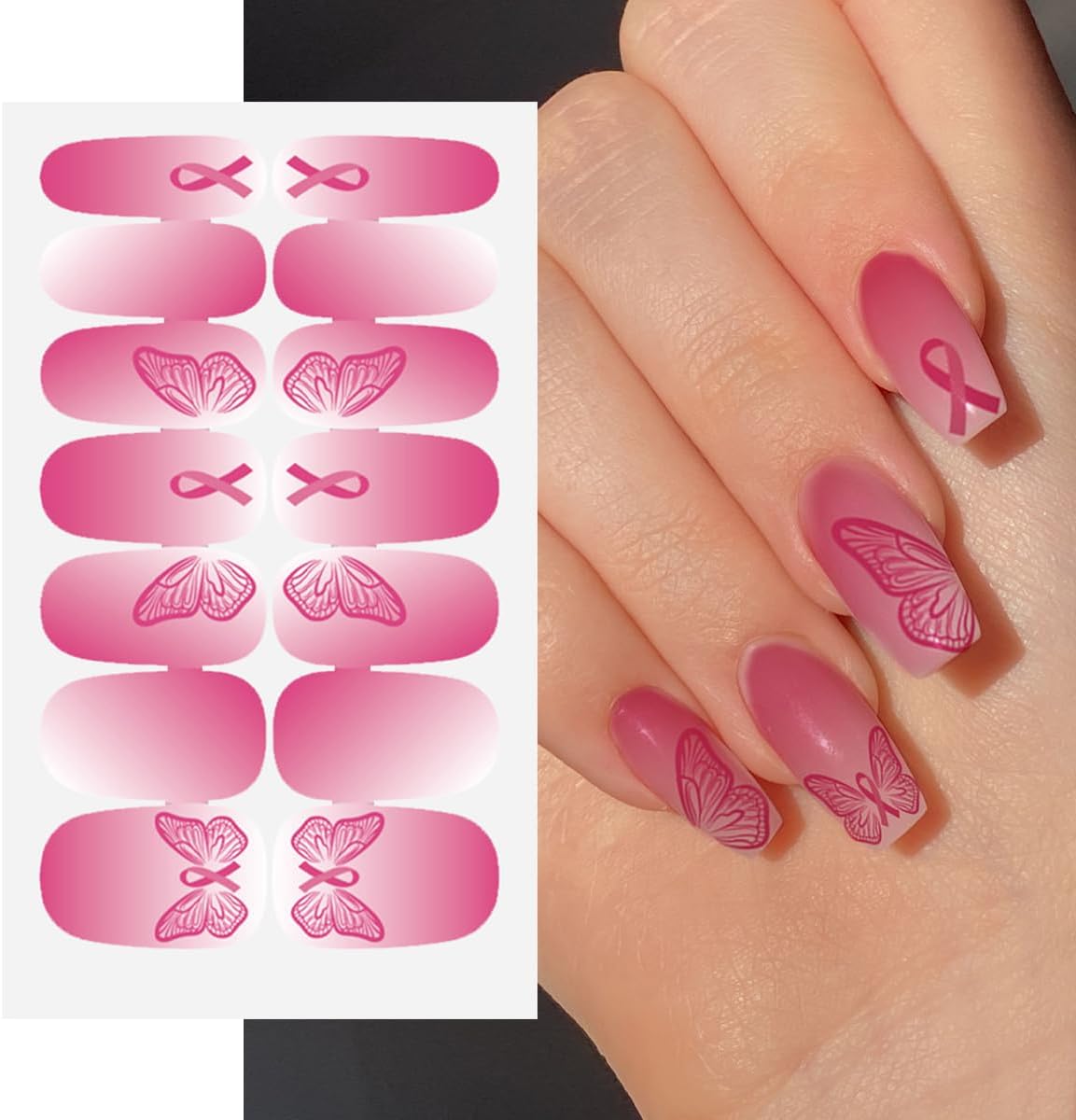 Pink Ribbon Breast Cancer Awareness Nail Art Stickers 6 Sheets Self-Adhesive for Women - Image 3