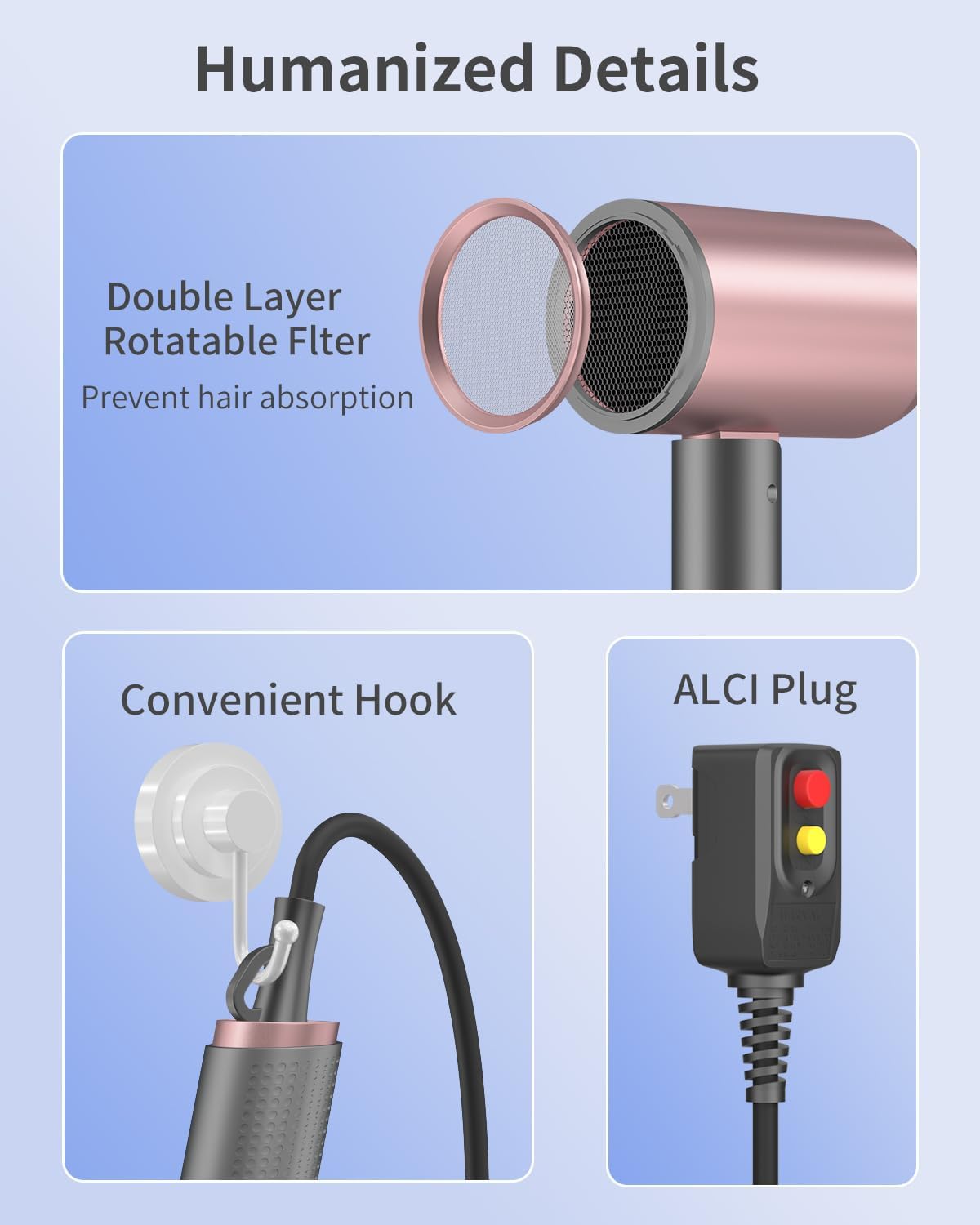 Portable 1600W Ionic Hair Dryer Pink Grey Foldable Handle with Diffuser and Comb Nozzle - Image 8