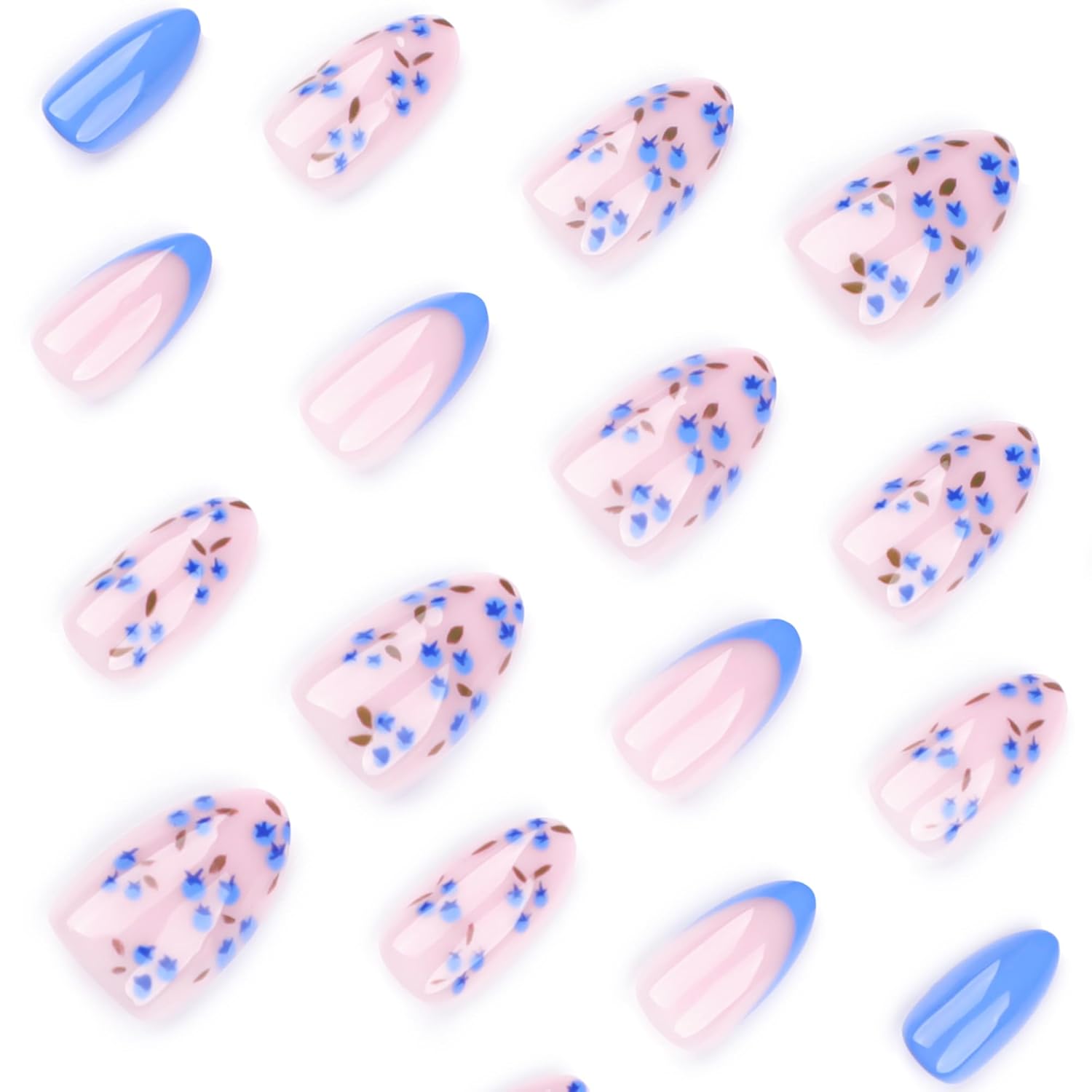 Blue Flower Short Almond Acrylic Press On Nails for Women - 24 Pieces with Glue - Image 4