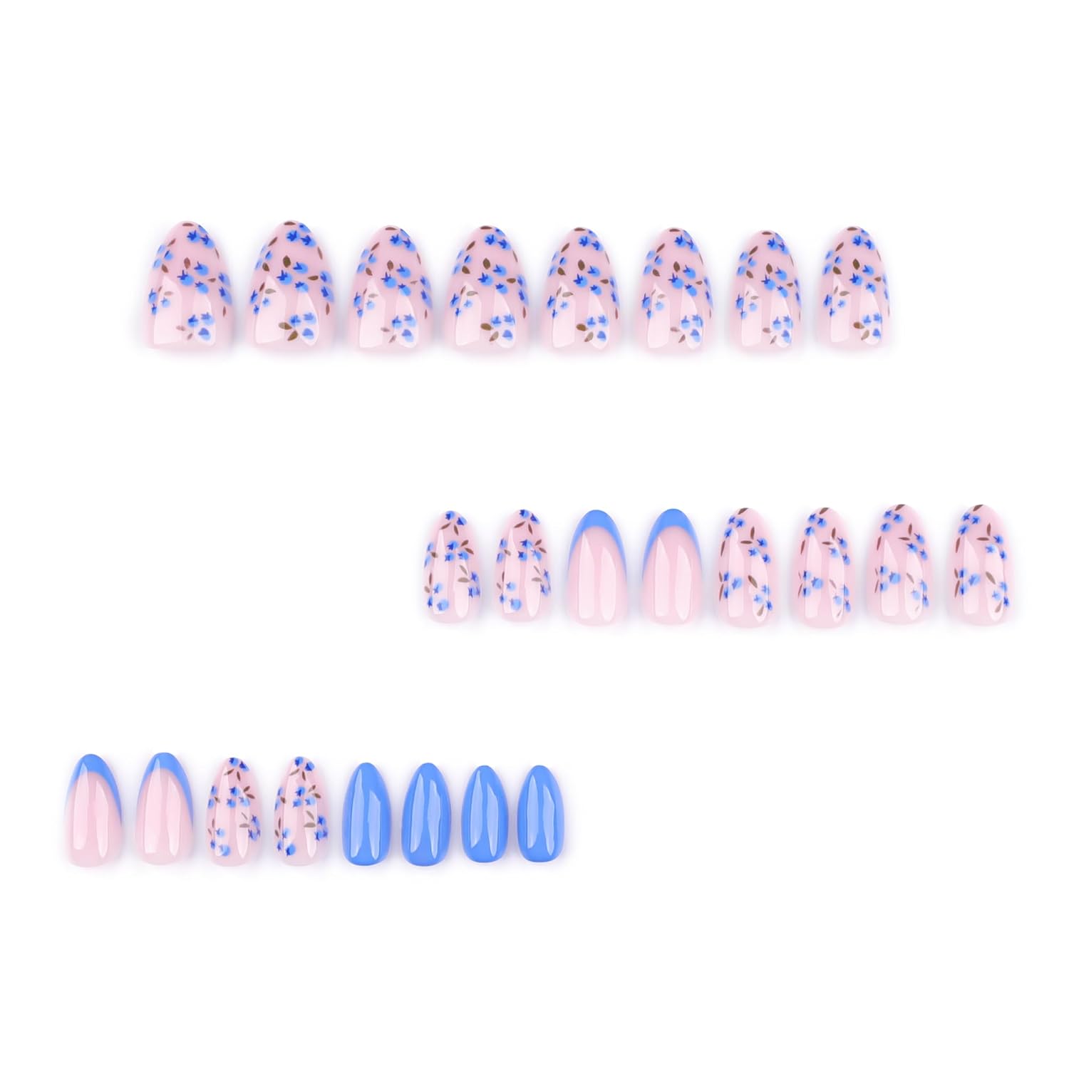 Blue Flower Short Almond Acrylic Press On Nails for Women - 24 Pieces with Glue - Image 3