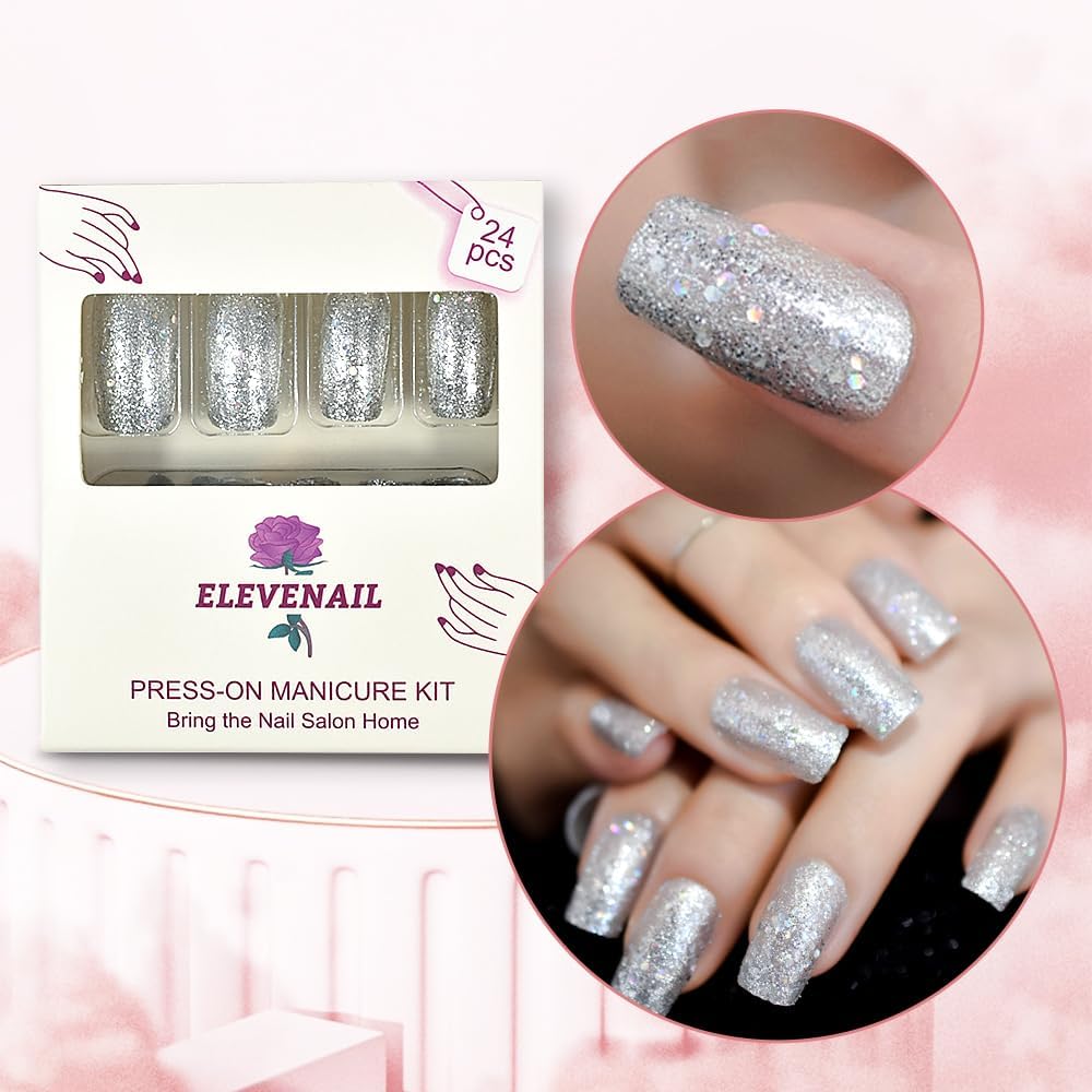 Medium Long Square Reusable Glitter Press-On Nails with Adhesive Tabs and File - Image 2