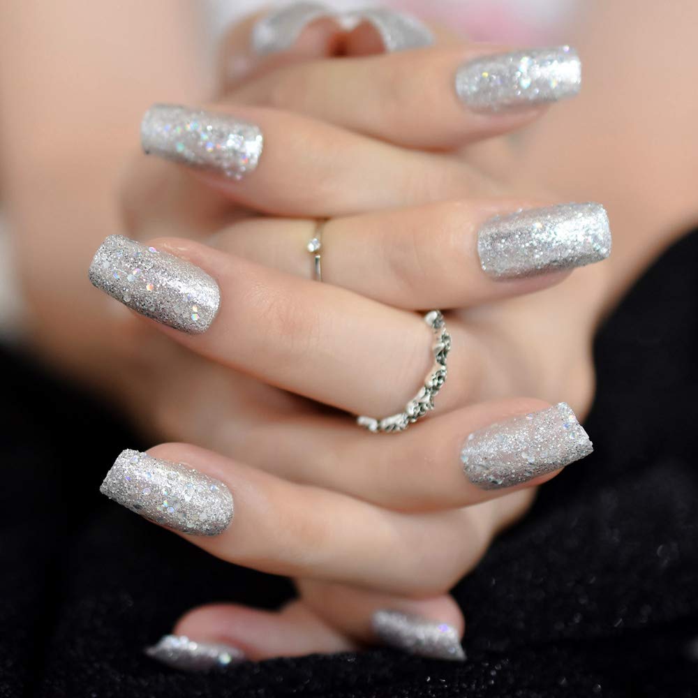 Medium Long Square Reusable Glitter Press-On Nails with Adhesive Tabs and File - Image 3
