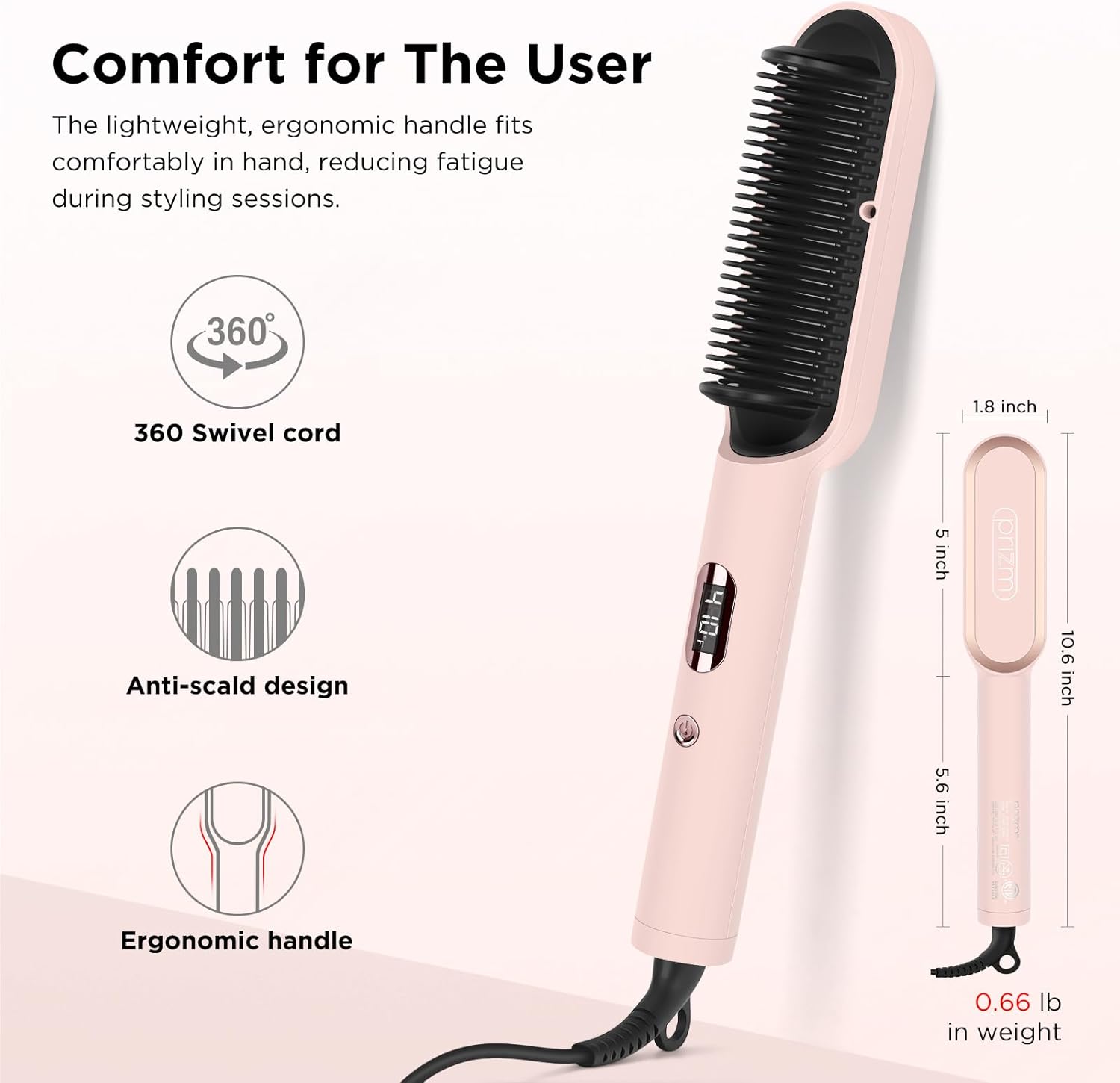 Prizm Pink Hair Straightener Brush, Fast Heating, 4 Temperature Settings, Anti-Scald - Image 7